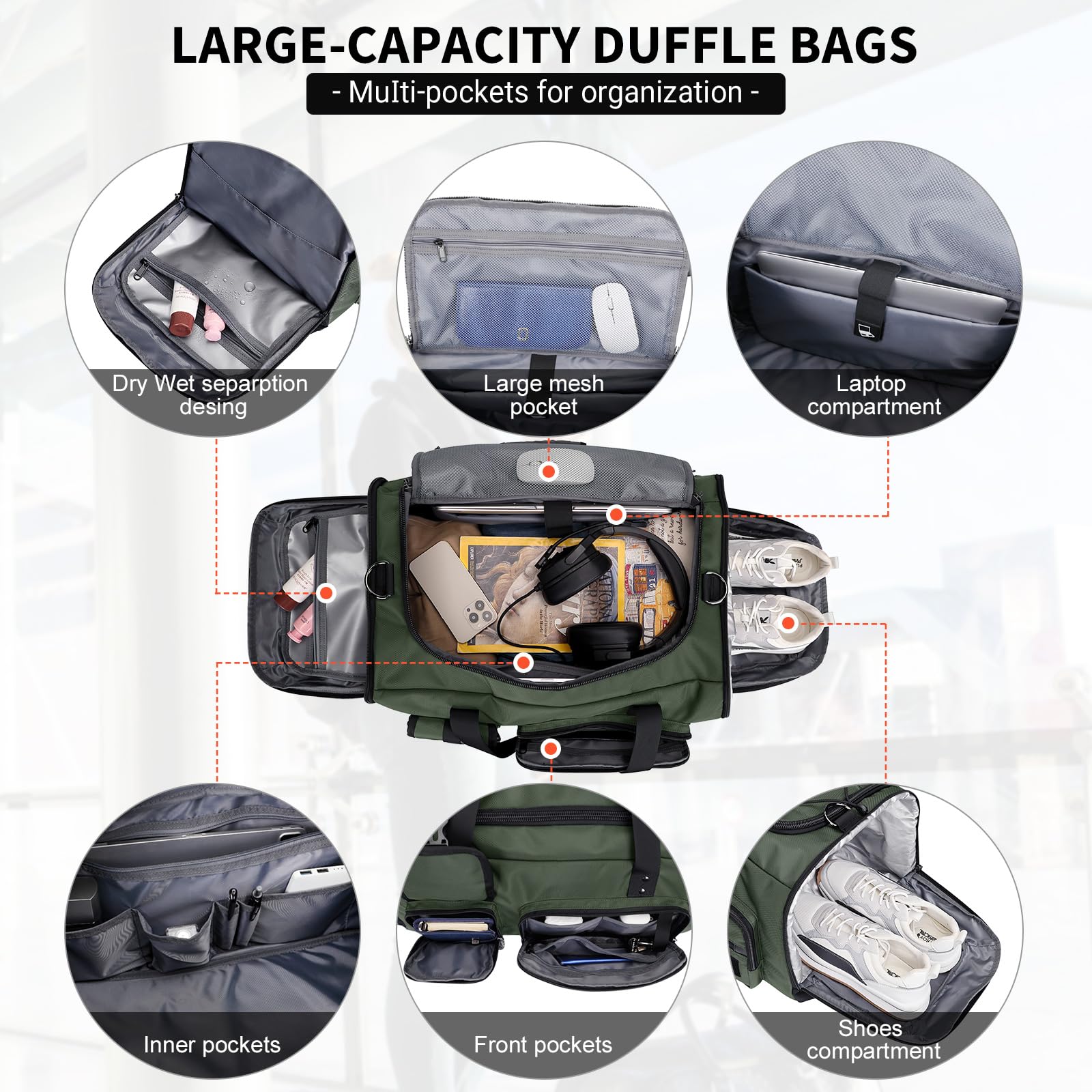 WITZMAN Men's Large Travel Duffel Bag - 3-in-1 Carry On Weekender Overnight Bag with Shoe Compartment (Army Green B693) | Perfect for Gym, Business Trips & Weekend Getaways