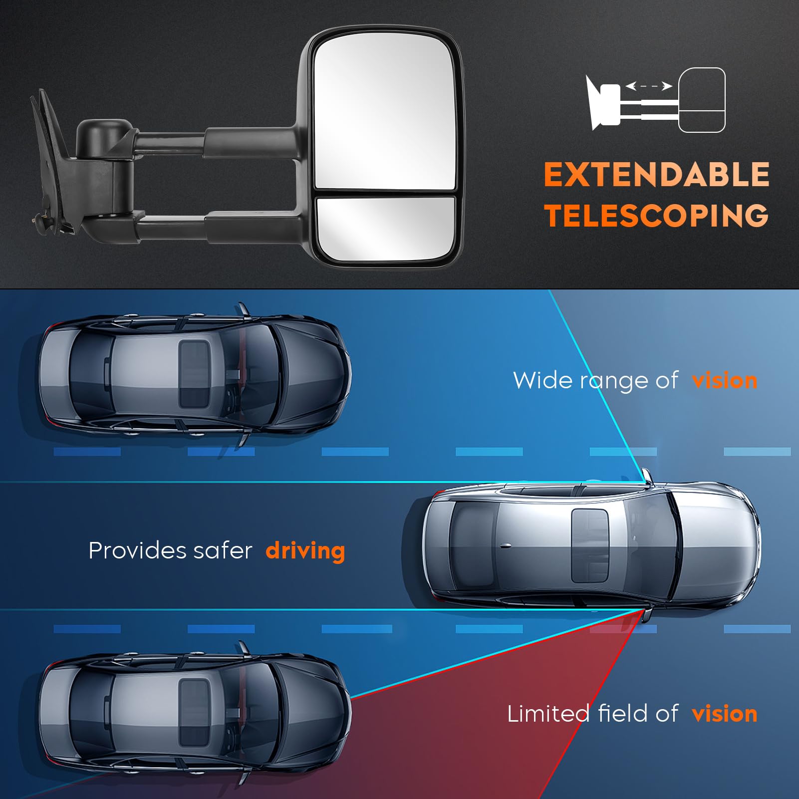 Youxmoto Manual Extending/Folding Towing Mirrors for 1999-2007 Chevy Silverado 1500 2500HD 3500HD, GMC Sierra 1500 2500HD 3500HD, Tahoe, Suburban, Avalanche & Yukon - Perfect for Pickup Trucks & Heavy-Duty Towing