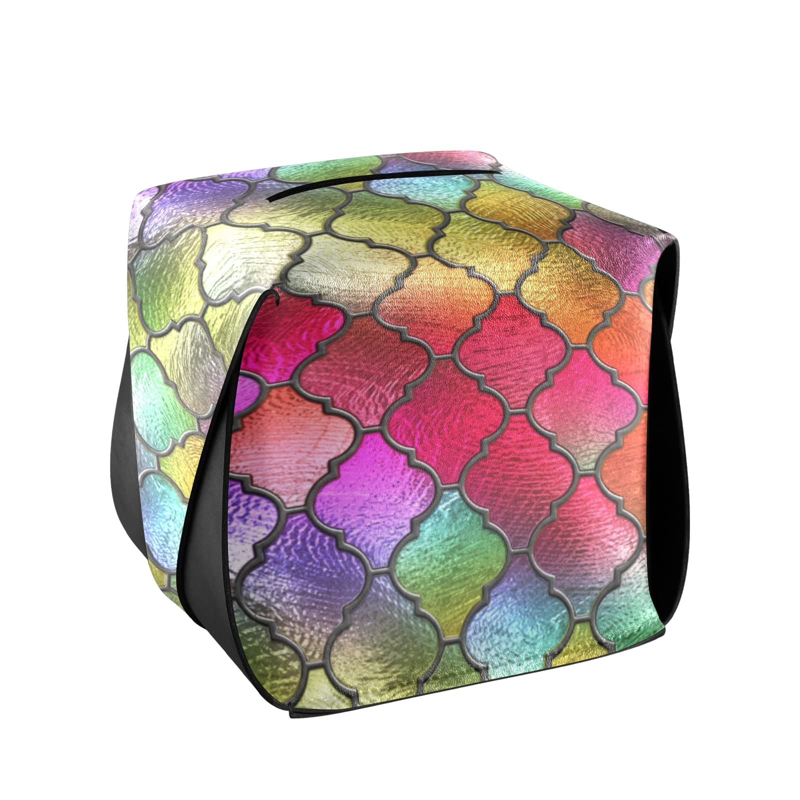 Colorful Moroccan Rainbow Leather Tissue Box Cover - Handmade Square Tissue Box Holder for Bathroom, Bedroom, Office Decor - Perfect for Nightstands, Vanity & Home Decoration | Boho Chic Home Accessories for Living Room, Guest Room & Spa Style Decor