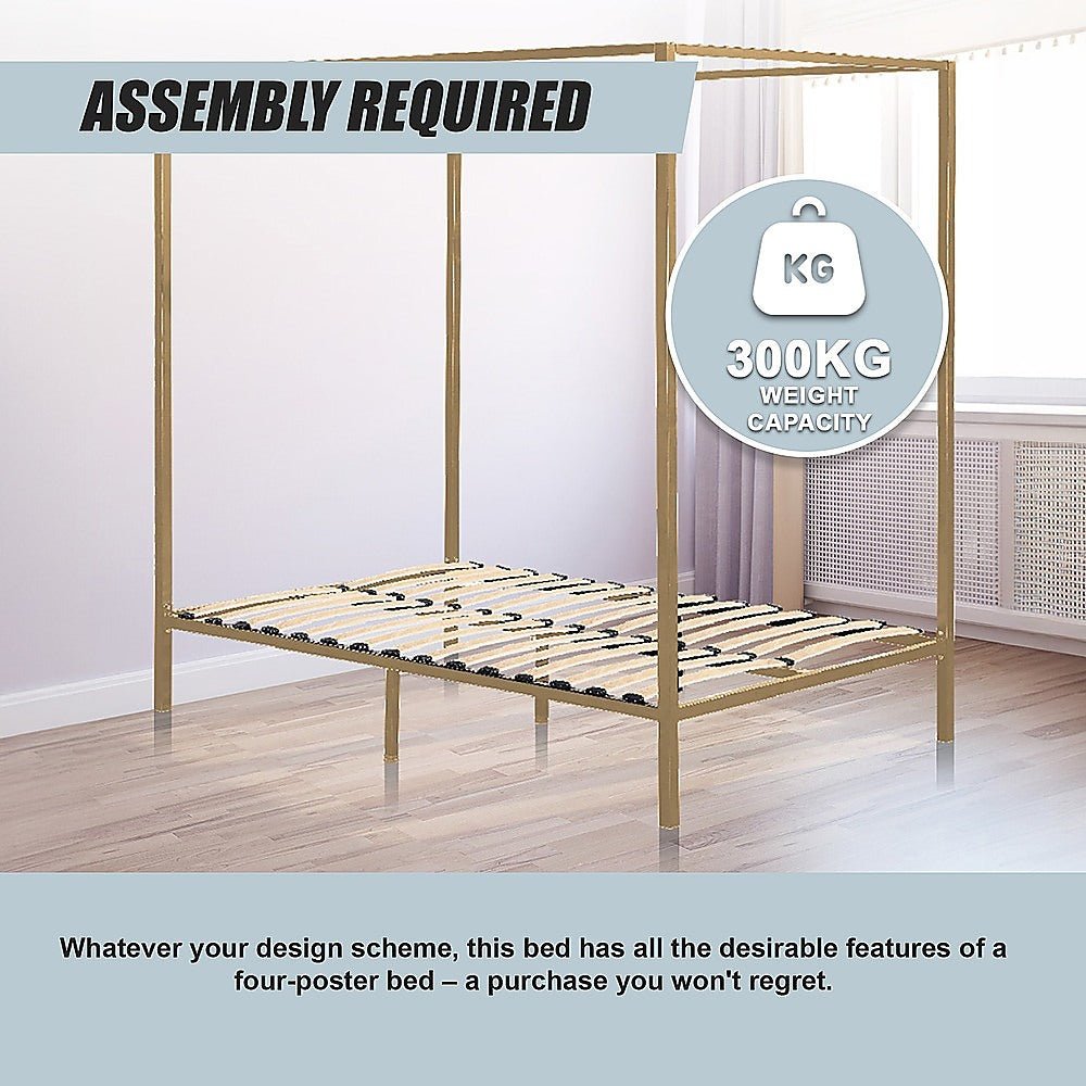 4 Poster Queen Bed Frame in Elegant Gold - Perfect for Master Bedroom, Guest Room & Luxury Home Decor