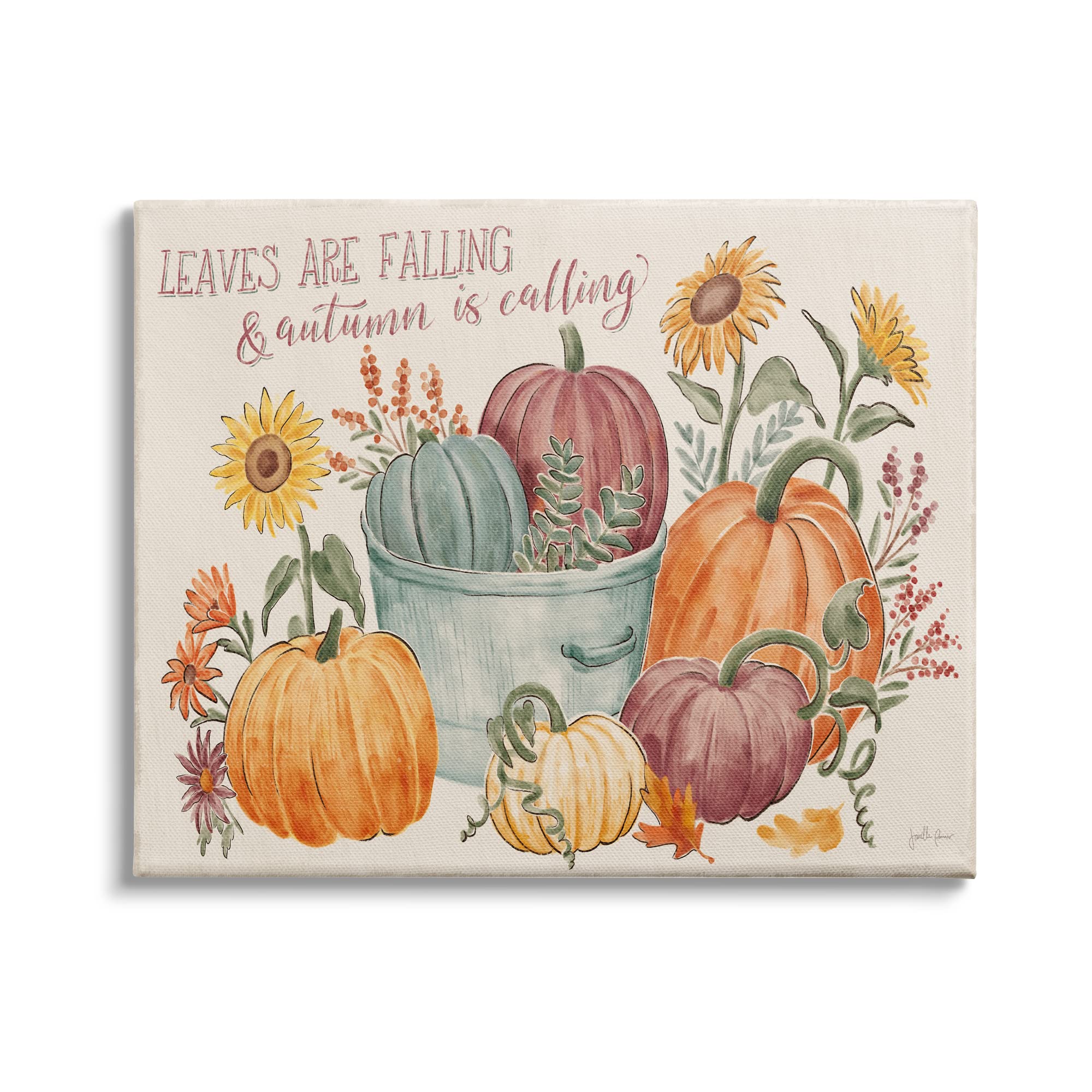Stupell Industries 'Leaves Falling Autumn is Calling' Pumpkin Baskets Canvas Wall Art - 48x36 Inch Orange Fall Decor for Living Room, Bedroom & Seasonal Home Decor