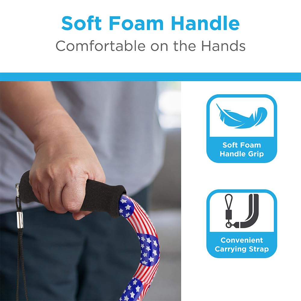 Premium Adjustable Walking Cane with Offset Handle - Lightweight Mobility Aid with Carrying Strap & Patriotic Stars and Stripes Design - Ideal for Seniors, Hiking, Travel & Daily Support