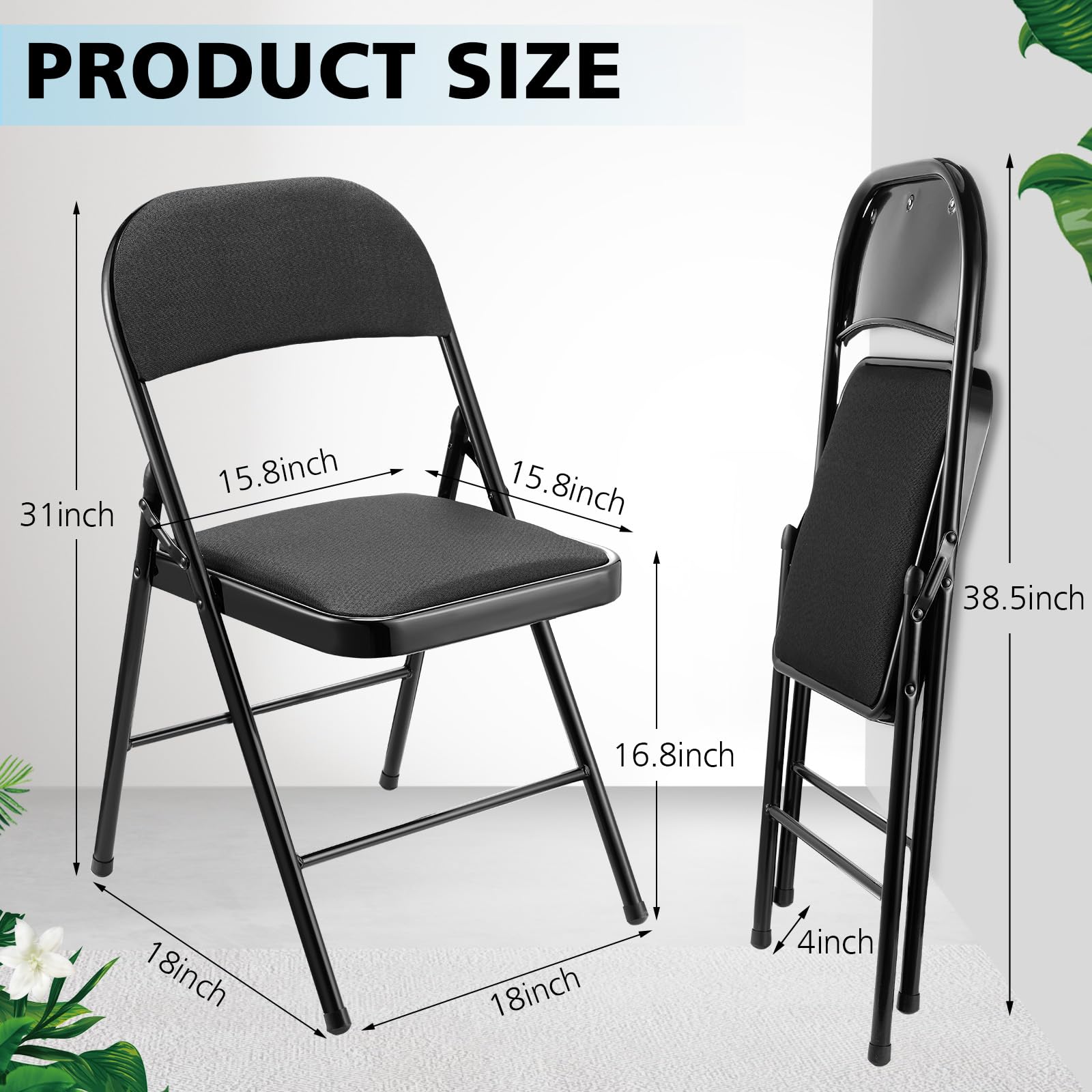 6 Pack Folding Chairs - Heavy Duty Metal Frame with Comfortable Padded Seat, Portable & Stackable for Office, Wedding, Party, Camping & Outdoor Events - Non-Slip Black Fabric Chairs Bulk Supplies