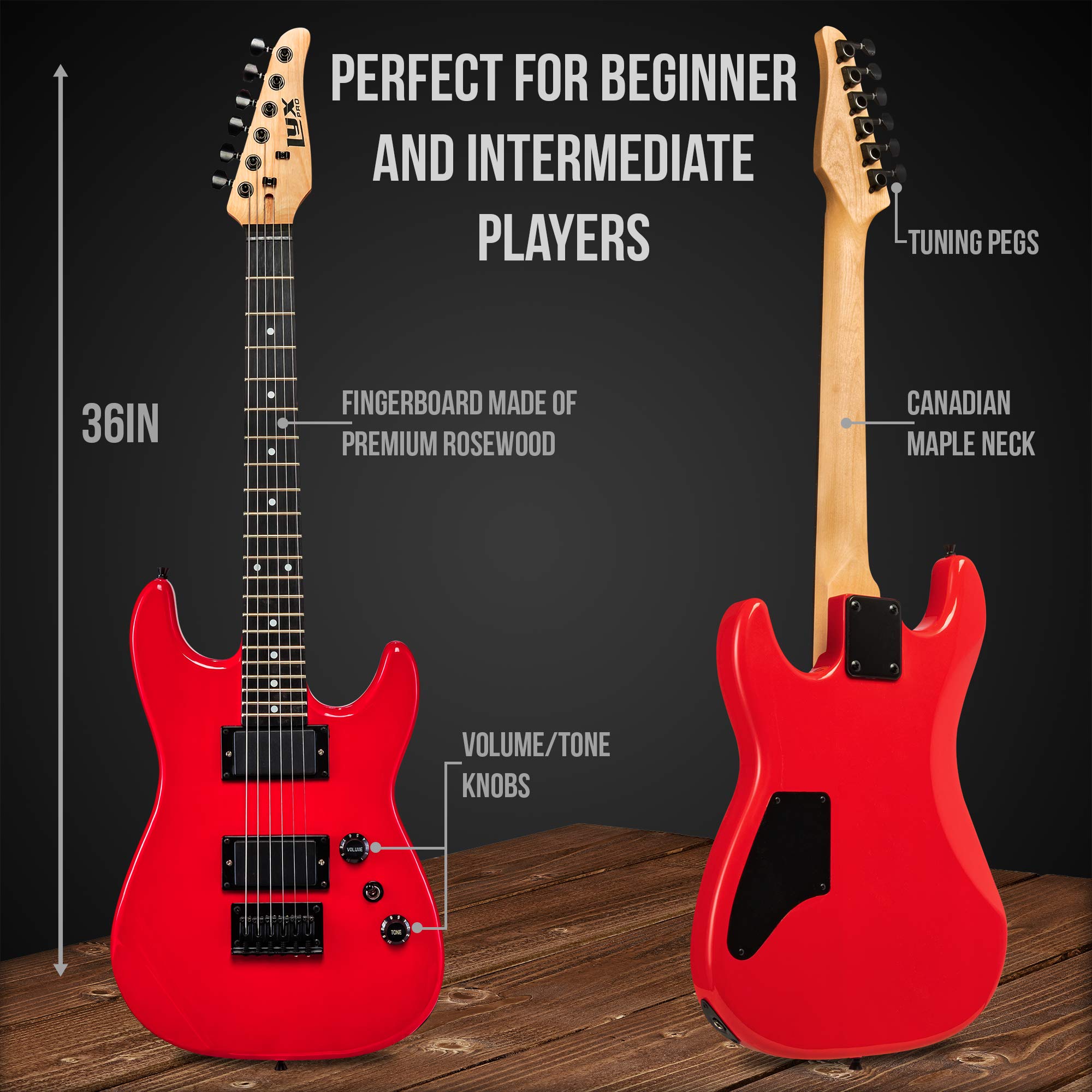 LyxPro 36 Inch 3/4 Size Electric Guitar Starter Kit for Kids & Beginners - Includes Amp, 6 Strings, 2 Picks, Shoulder Strap, Digital Tuner, Cable & Gig Bag (Red) - Perfect for Learning, Practice & Home Performances
