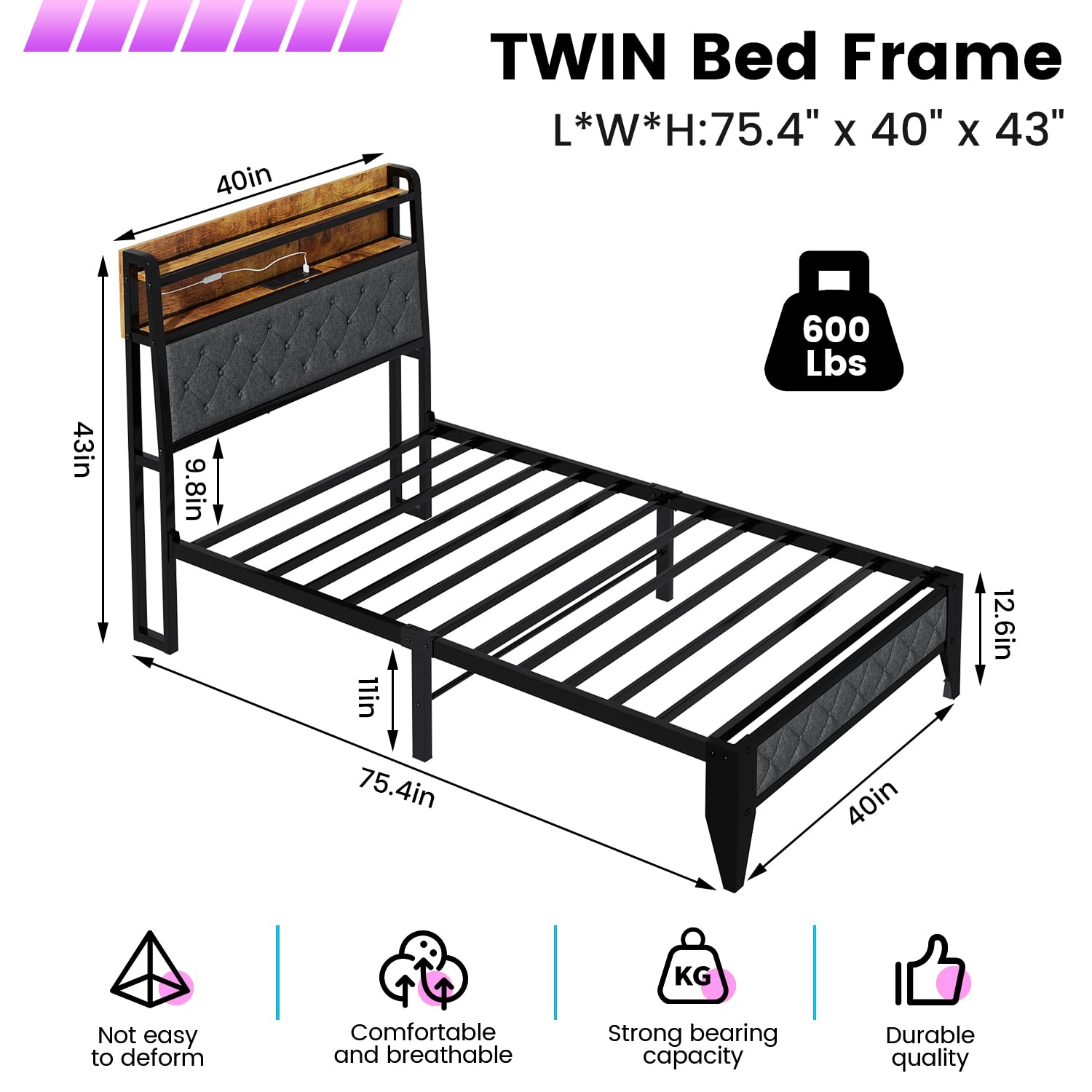Winkalon Twin Size LED Bed Frame with Upholstered Headboard & Charging Station - Modern Metal Platform Bed with Underbed Storage, No Box Spring Needed - Perfect for Small Bedrooms, Guest Rooms & Dormitories