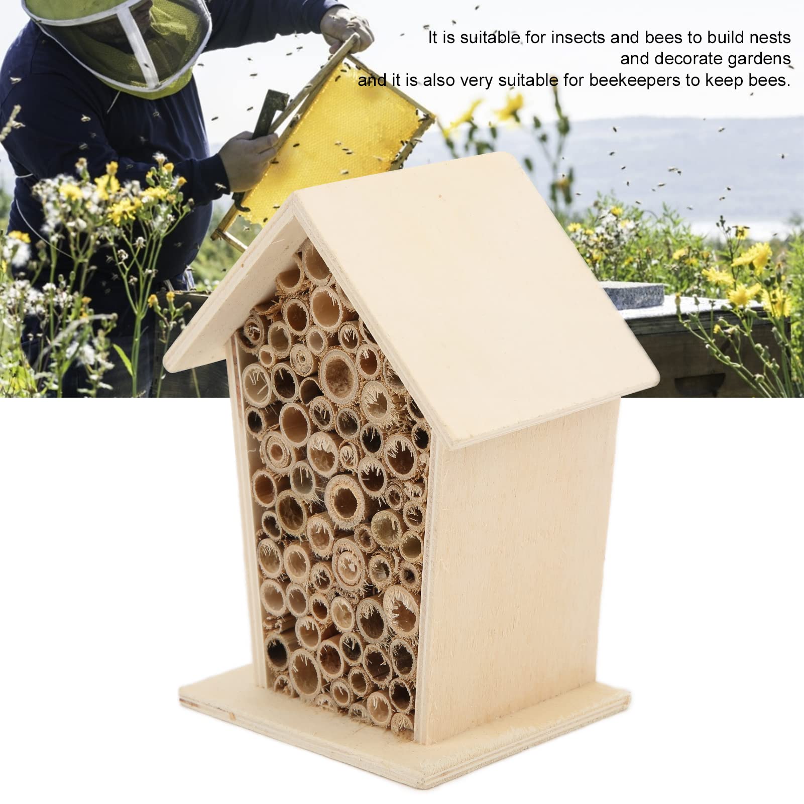 Hztyyier Wooden Bee House - Natural Attractive Design Outdoor Garden Bee Hive for Pollinators, Perfect for Backyard, Patio, and Garden Decor to Attract Bees & Beneficial Insects