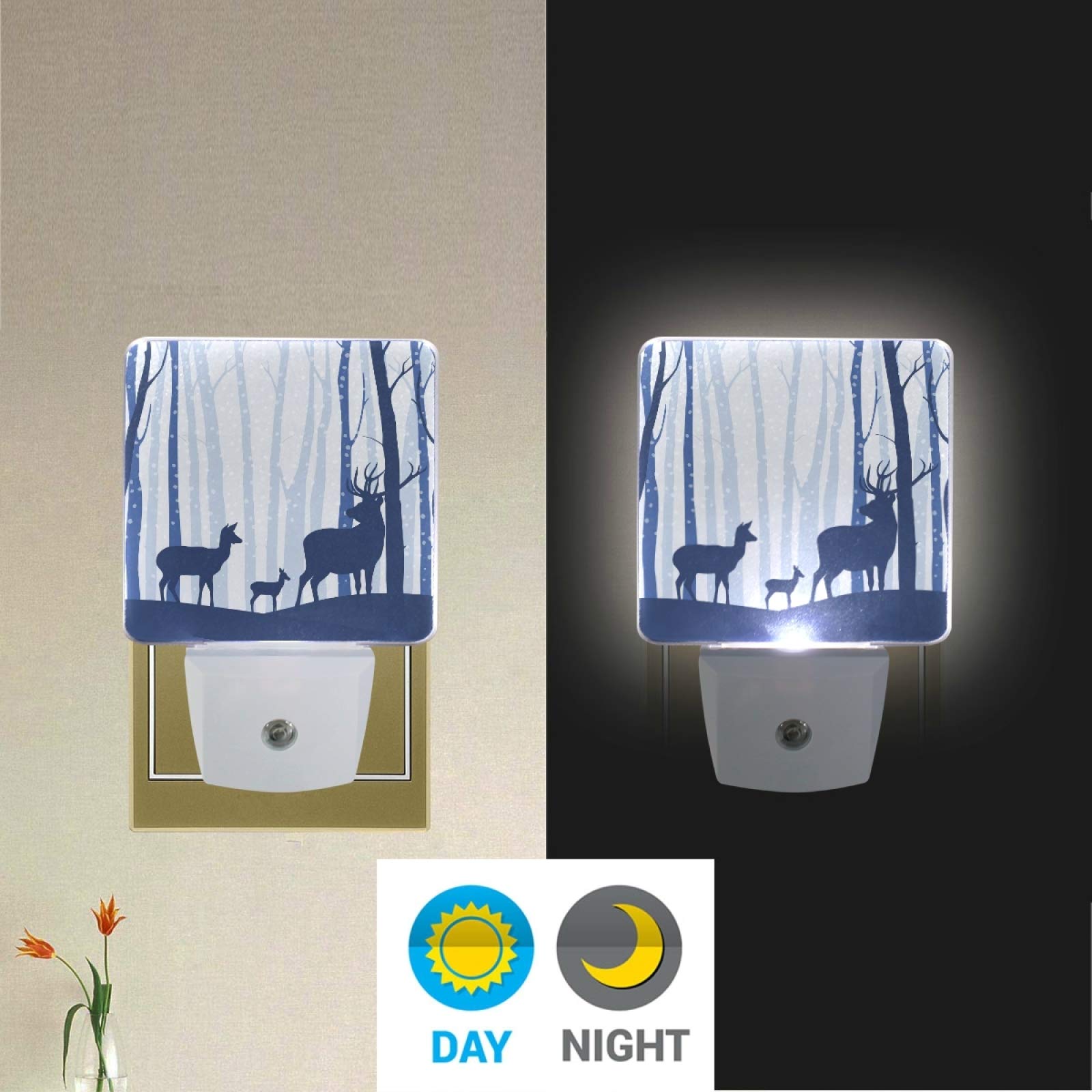 Vikko 2-Pack Winter Forest Deer Night Light - LED Plug-in Lamp with Dusk to Dawn Sensor for Kids & Adults - Perfect for Bedroom, Living Room, Hallway Decor | Creates Cozy Ambiance for Nursery, Bathroom, Stairway & Gift Giving