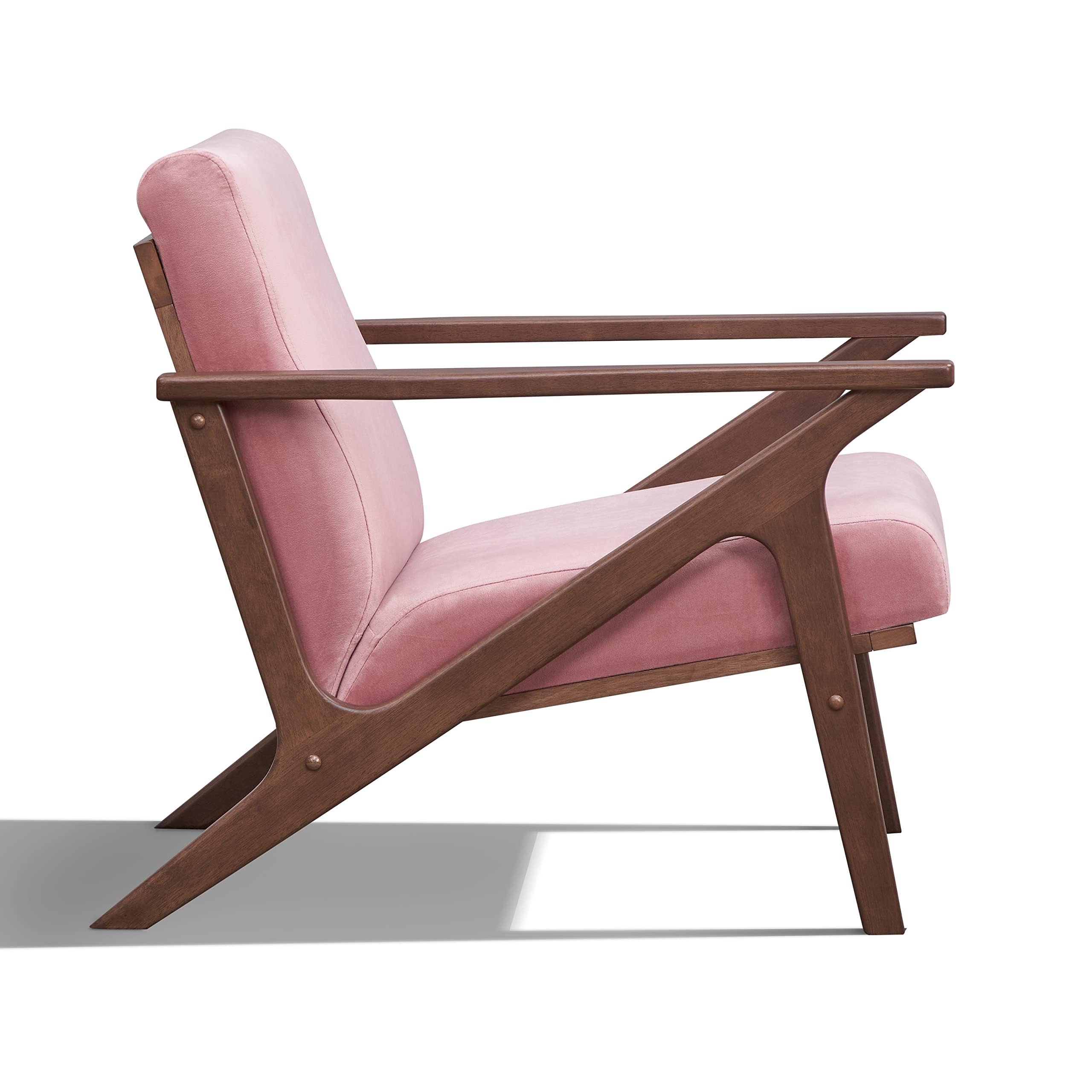 Mid Century Modern Accent Chair - Solid Wood Frame with Blush Velvet/Walnut Upholstery - Stylish Armchair for Living Room, Bedroom & Reading Nook - Perfect for Home, Office & Cozy Spaces