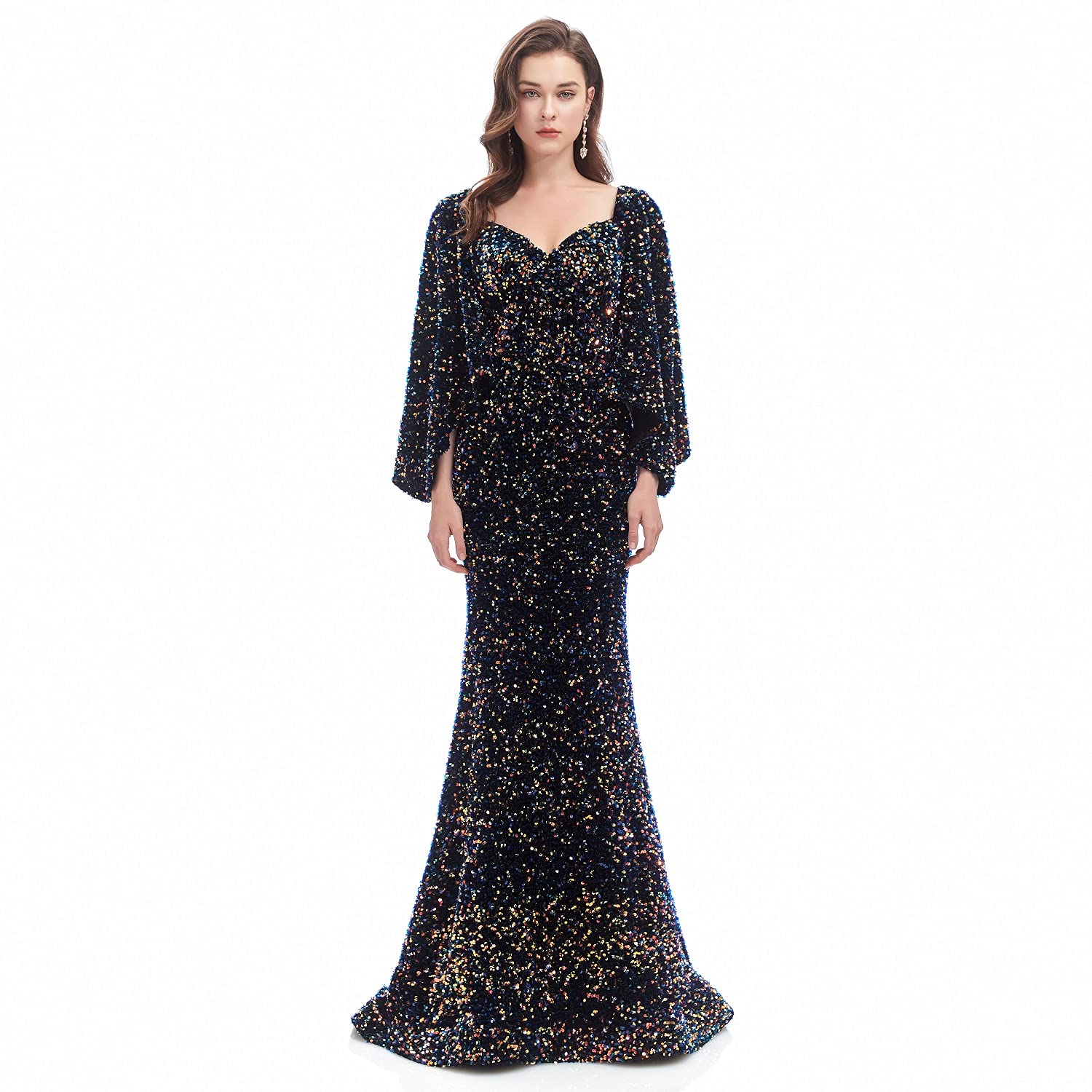 Engerla Sexy Long Sleeve Mermaid Party Dress - Black Sequins Lace Evening Gown Formal Maxi Dress for Prom, Homecoming, Cocktail Party & Special Occasions