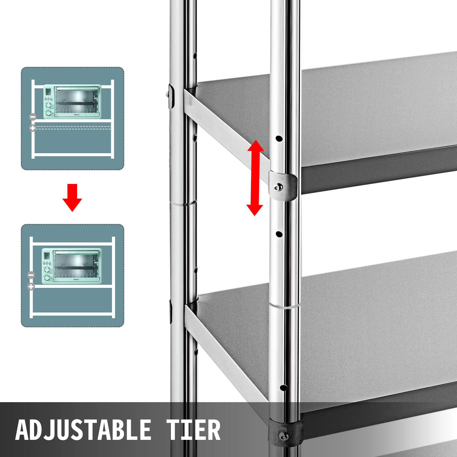 VEVOR 5-Tier Stainless Steel Shelving Unit 48x18.5 Inch, Heavy Duty Adjustable Storage Shelf for Kitchen, Commercial, Office, Garage - 330lb Capacity Per Shelf | Perfect for Pantry Organization, Warehouse Storage & Retail Display