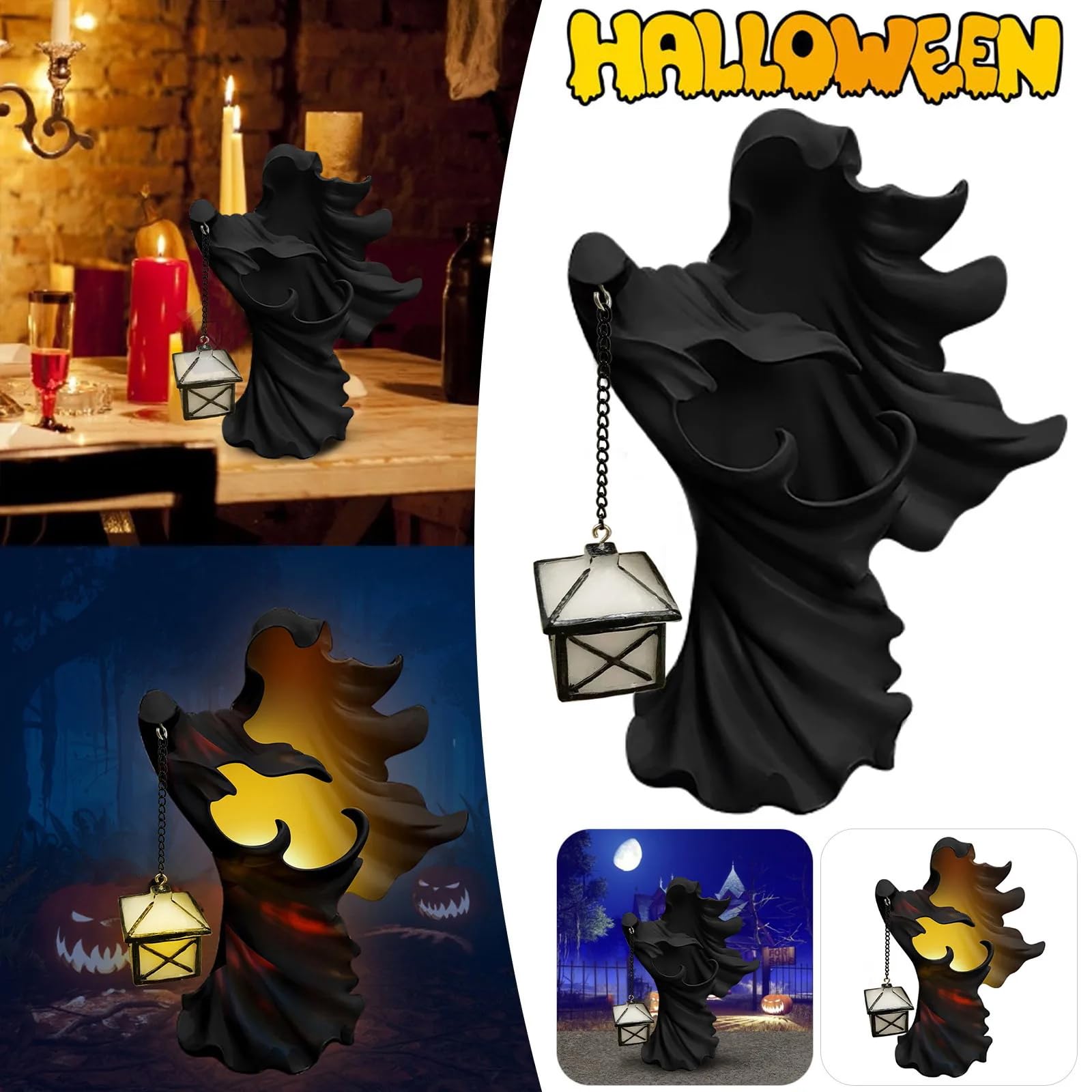 Halloween Cracker Barrel Ghost Decor with LED Lantern - Scary Witch Statue for Holiday Yard & Garden Decoration (Knight Black) - Perfect for Spooky Home Decor, Haunted House Parties, and Halloween Outdoor Displays