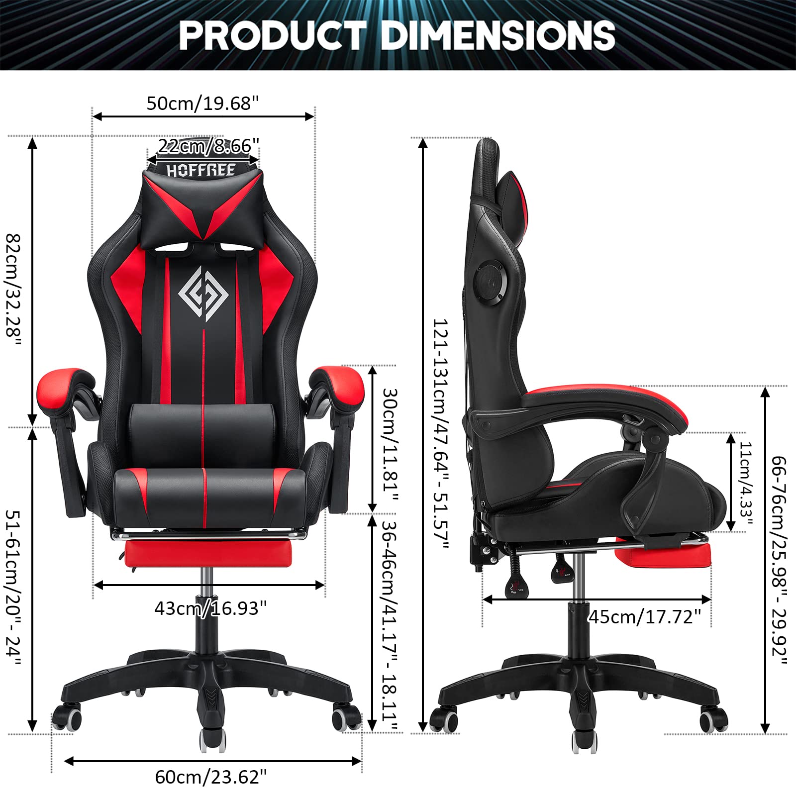 RGB Gaming Chair with Bluetooth Speakers & LED Lights - Ergonomic Massage Computer Chair with Adjustable Footrest, High Back & Lumbar Support - Red & Black Gaming Throne for PC, Console & Streaming Setup