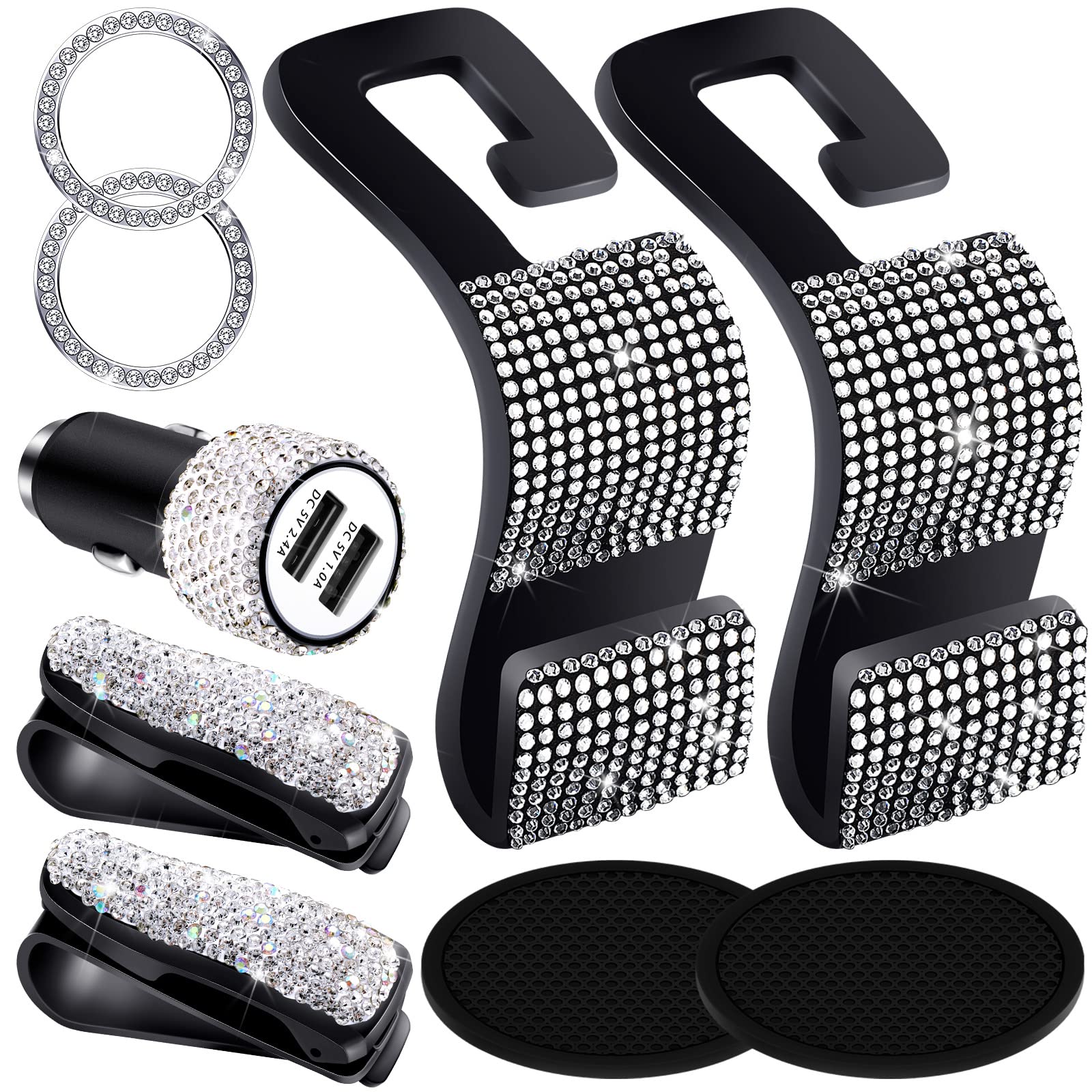 9-Piece Bling Car Accessories Set - Diamond Car Visor Glasses Holder, USB Car Charger, Seat Hanger, Cup Holder Coasters & Start Button Rings for Interior Decoration | Perfect for Women's Car Accessories & Gift Ideas