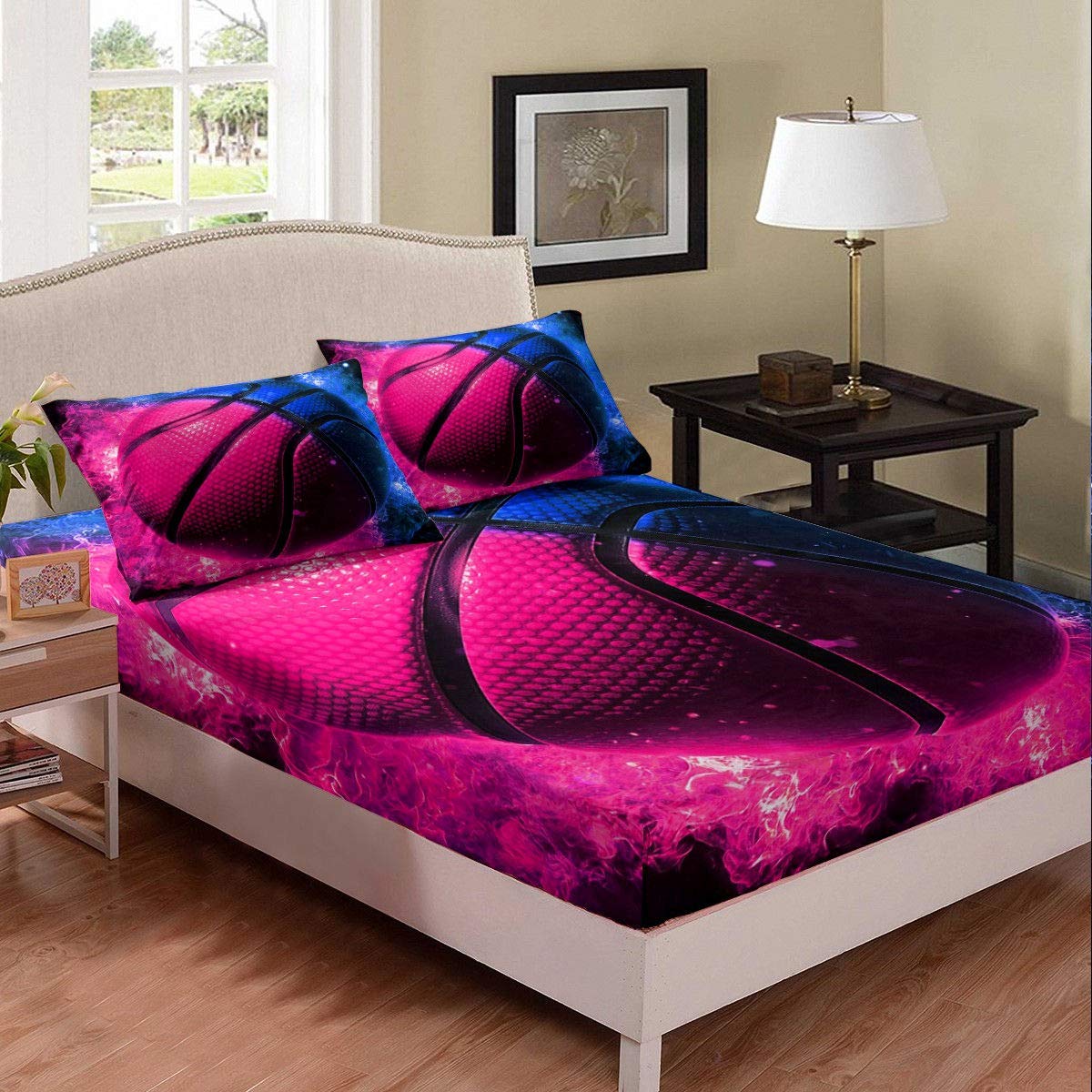 Kids Basketball Bedding Set - Full Size Fitted Sheet & Pillowcases for Sports-Themed Rooms