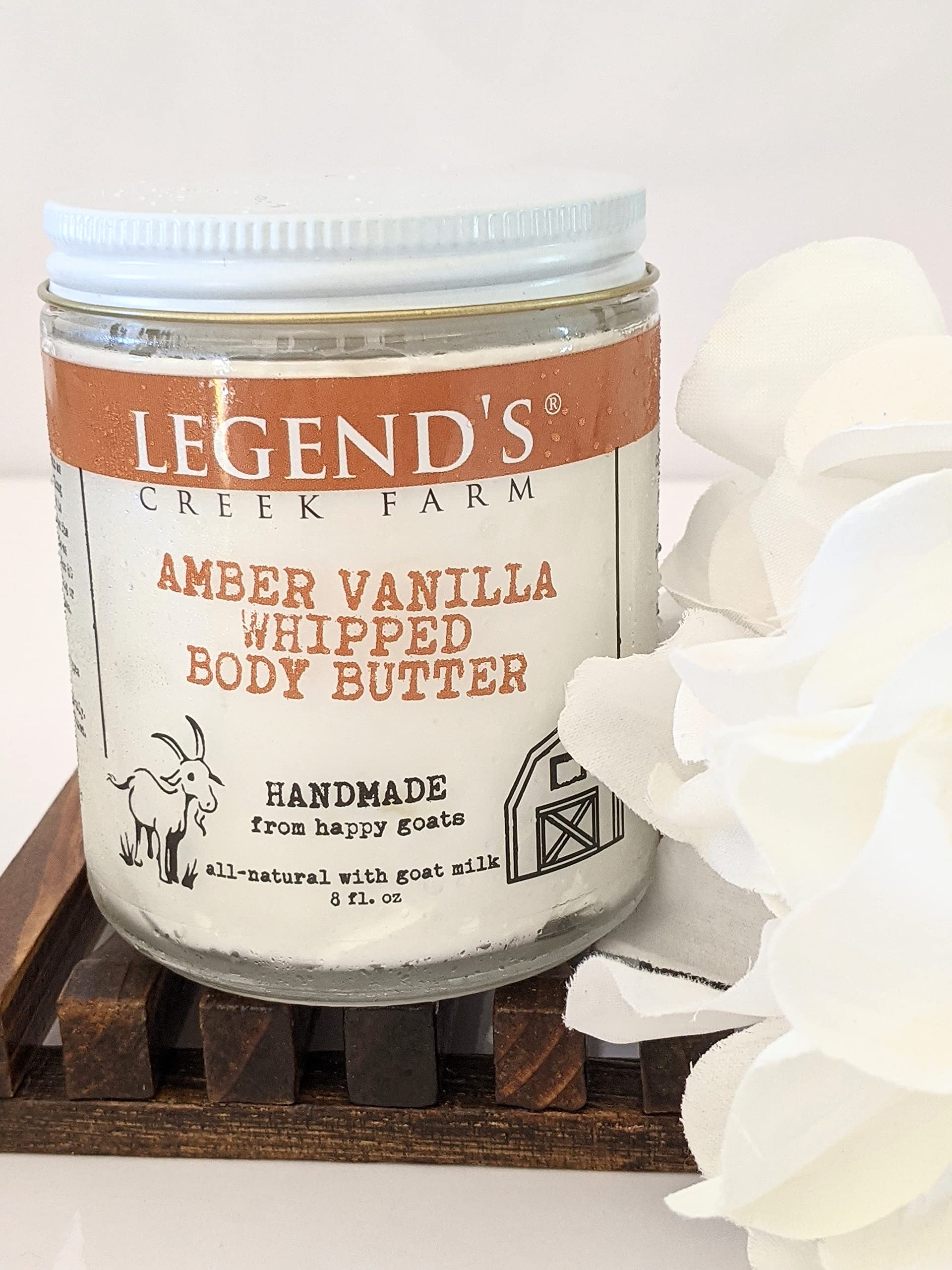 Legend's Creek Farm Goat Milk Body Butter - Organic Shea Butter & Grape Seed Oil Hydrating Moisturizer - 8 Oz Whipped Body Cream for Dry Skin - Amber Vanilla Scent - Perfect for Daily Hydration & Spa Nights