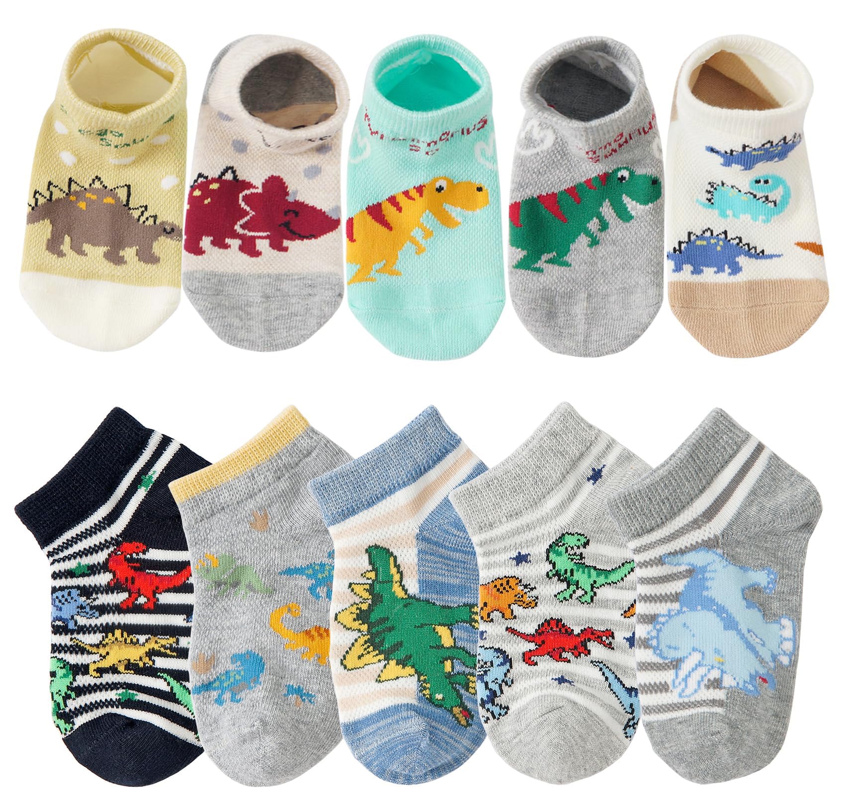 CHUNG Boys Cotton Ankle Socks 5/10 Pack - Low Cut Dinosaur Print Breathable Mesh Socks for Kids 2-9 Years - Lightweight School, Running, Sports & Casual Wear - Perfect for Daily Activities, Playtime and Gym Class