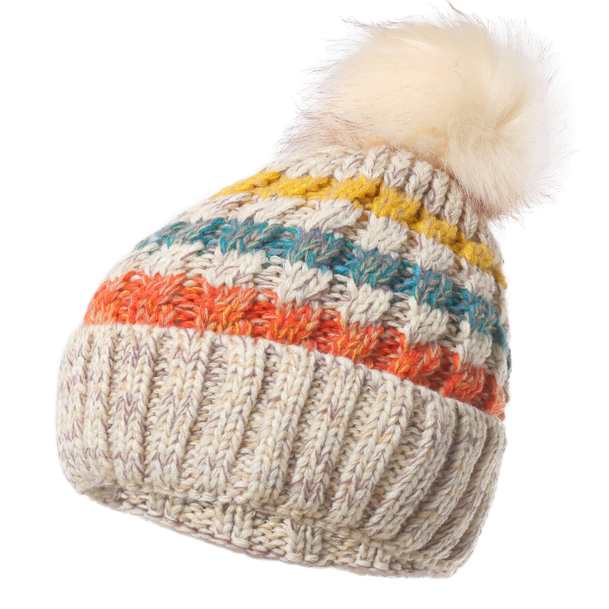 Ypser Women's Winter Knit Beanie Hat - Fleece Lined Crochet Cable Design with Faux Fur Pom Pom - Warm Skull Cap for Cold Weather - Perfect for Snowboarding, Skiing & Outdoor Activities