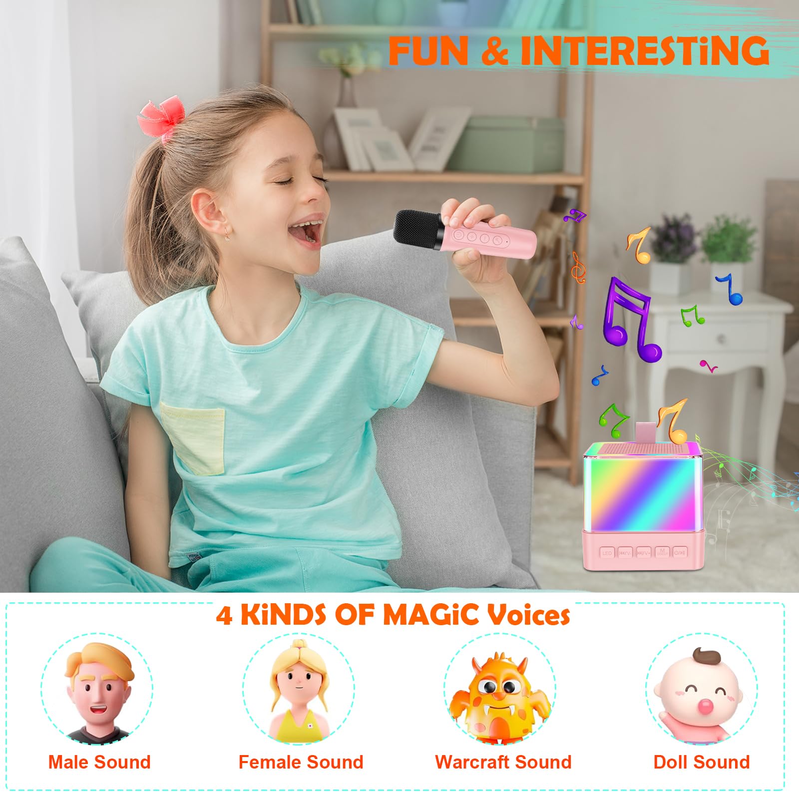 Wireless Karaoke Machine for Kids with 2 Microphones, Bluetooth Speaker & LED Lights - Portable Singing Toy for Girls & Boys, Perfect for Home Parties, Gifts & Family Fun