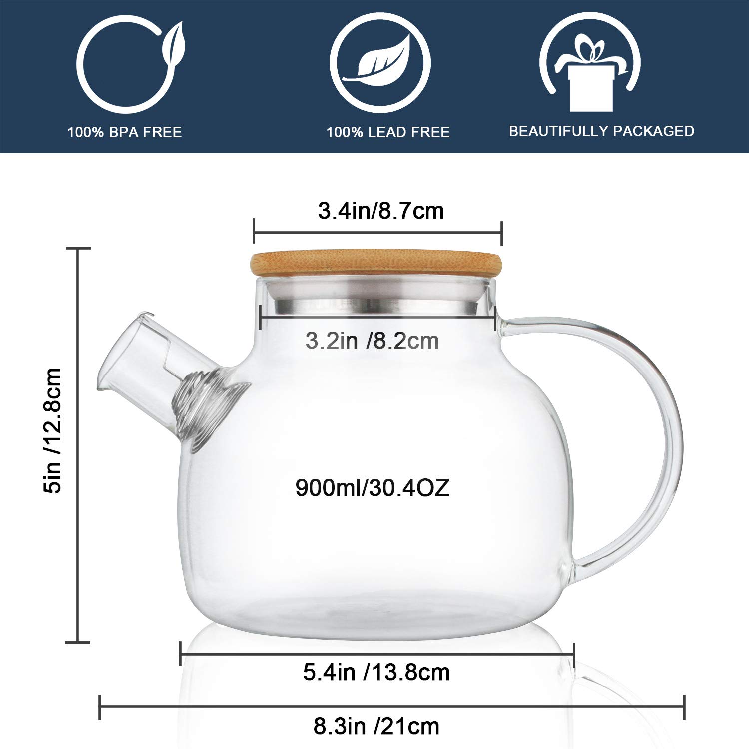 Premium Glass Teapot with Removable Filter - 30.4oz Stovetop Safe Clear Teapot for Loose Leaf & Blooming Tea - Perfect for Home, Office & Tea Ceremonies