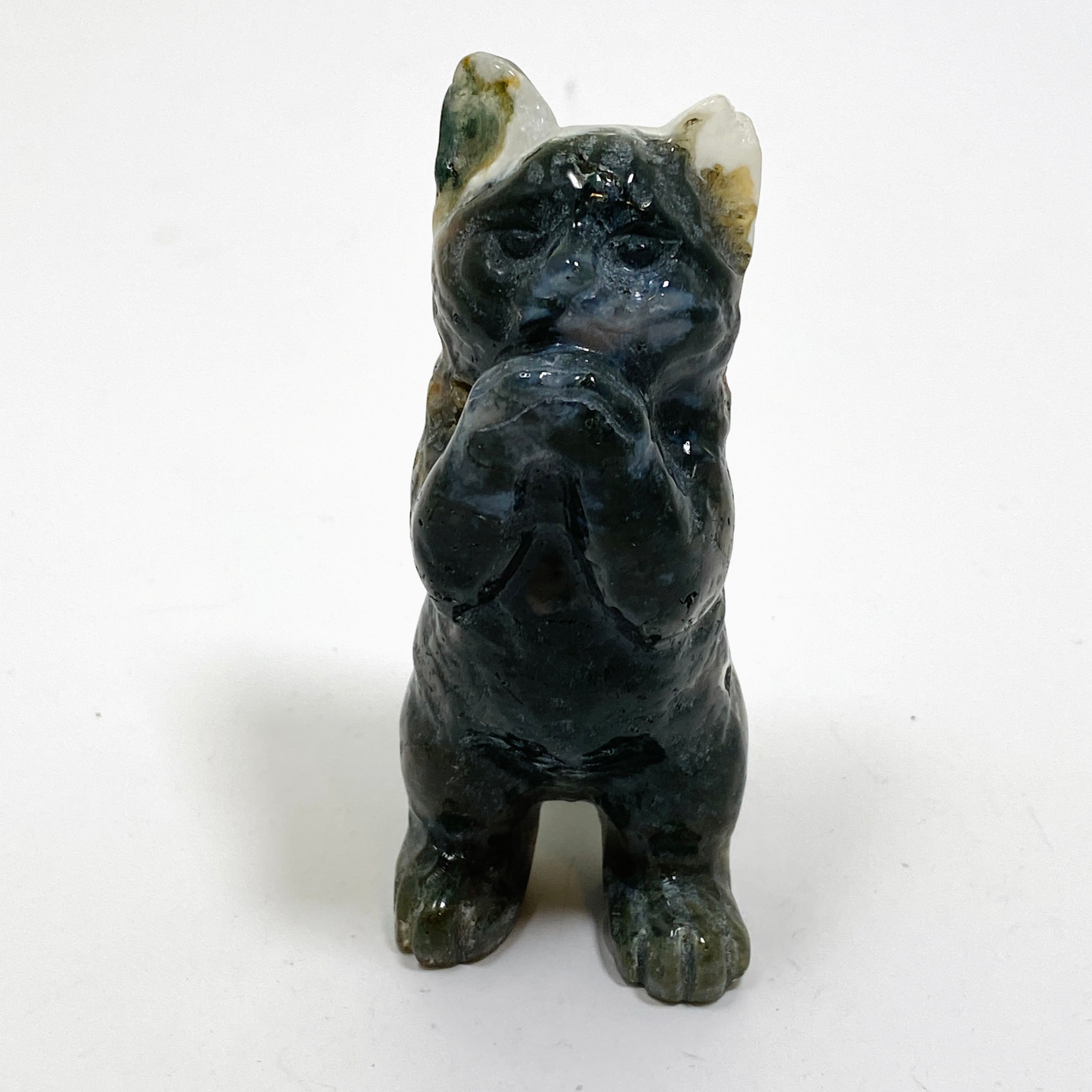 Handcrafted Moss Agate Cat Carving MAC 03 - Unique Gemstone Home Decor for Cat Lovers | Perfect for Bookshelf Display, Feng Shui Decor & Gift Giving