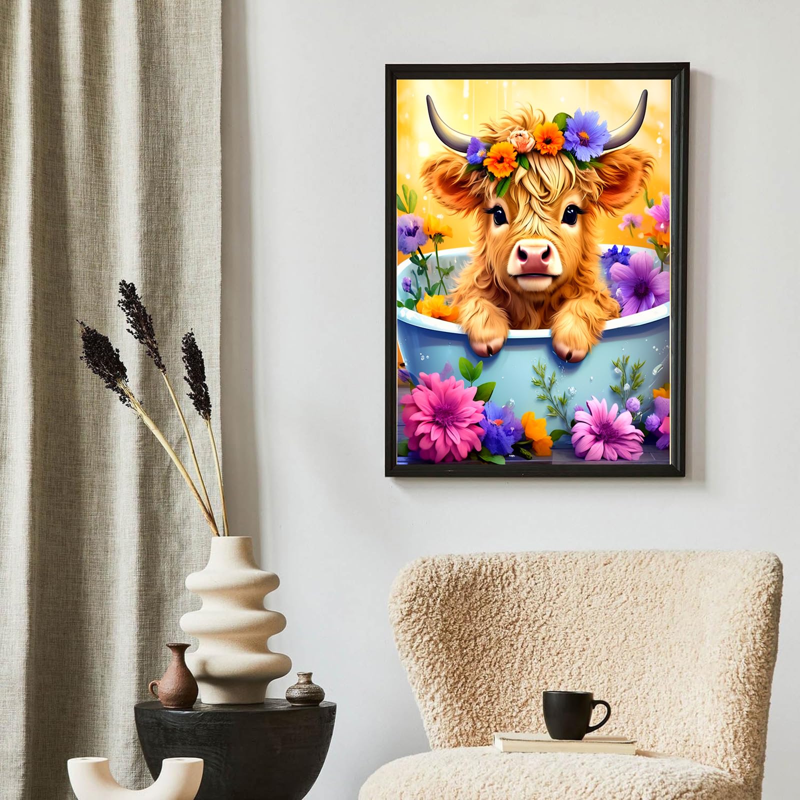 Flower Cow Diamond Painting Kit for Adults Beginners - DIY Round Full Drill Diamond Art for Home Wall Decor, 12x16 Inch - Perfect for Stress Relief, Mindfulness & Creative Gifts
