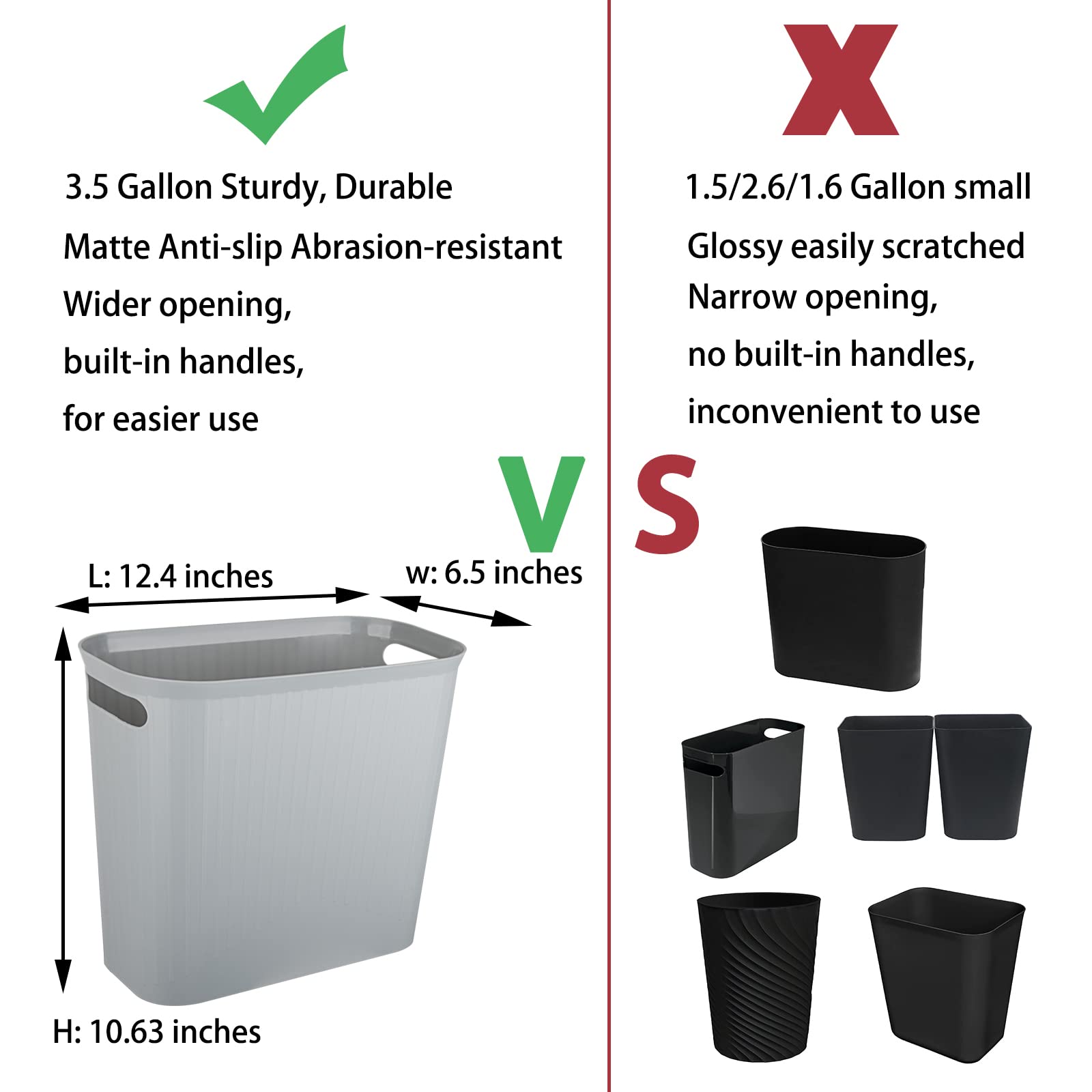 Rejomiik 3.5 Gallon Slim Plastic Trash Can with Handles - Small Waste Basket for Bathroom, Bedroom, Office, Kitchen & Dorm - Space-Saving Rectangular Garbage Bin (Gray, 1-Pack) - Perfect for Tight Spaces & Home Organization