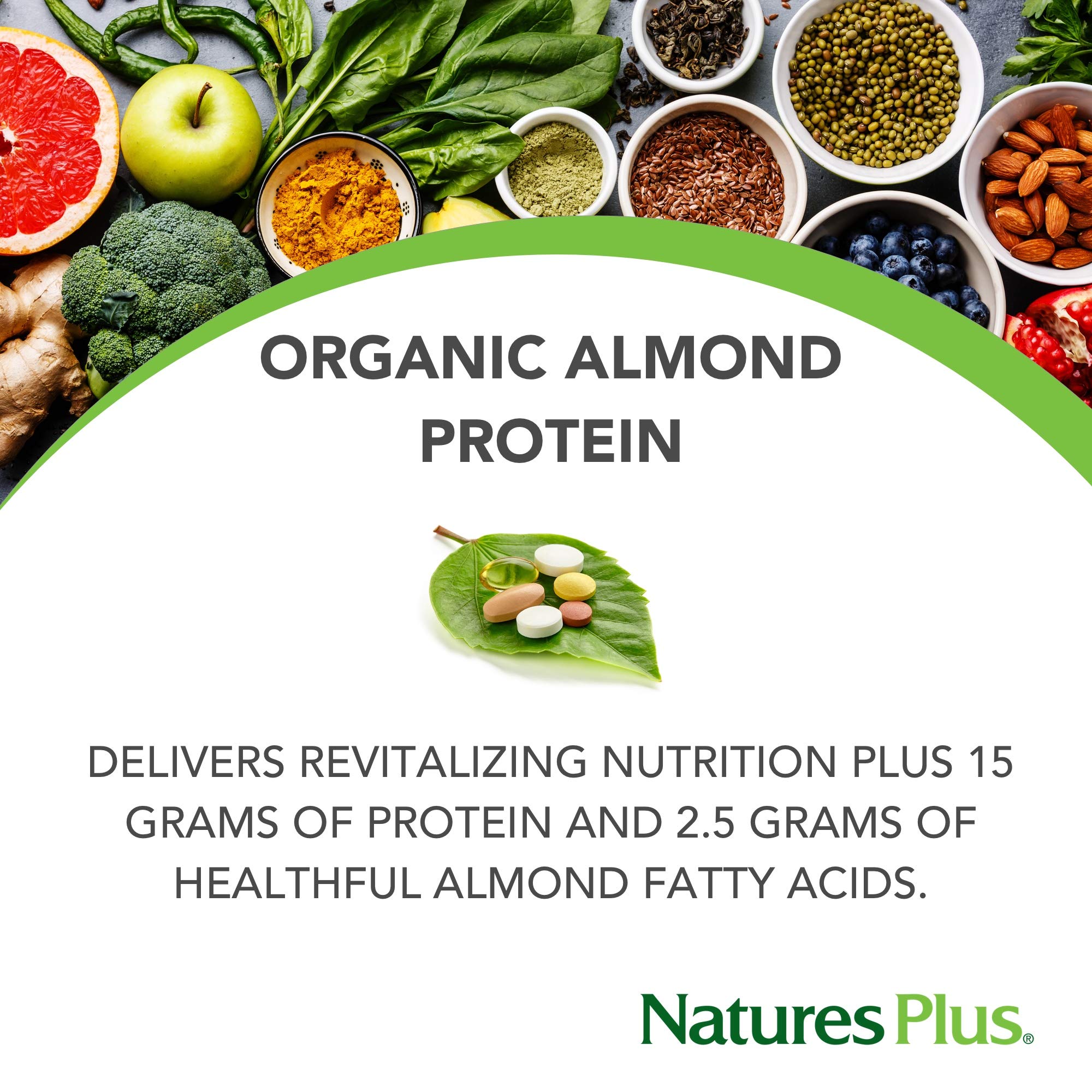 Organic Almond Protein Powder by Natures Plus - 1.04 lbs Unflavored, USDA Certified, Non-GMO, Vegan, No Added Sugar - Supports Muscle Recovery, Vegetarian & Gluten-Free (15 Servings) - Perfect for Post-Workout Shakes, Smoothies & Baking