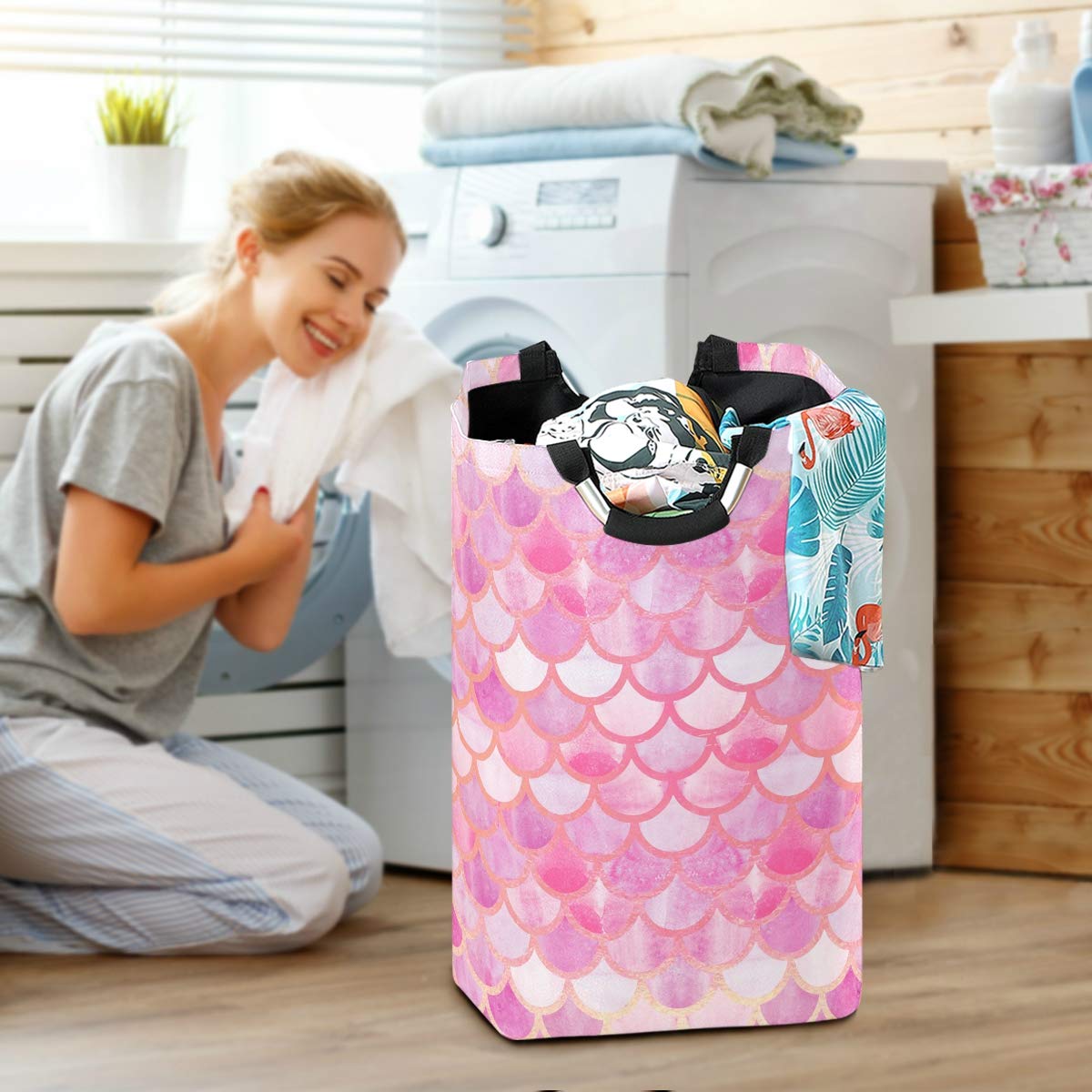 Blueangle Large Pink Mermaid Scales Laundry Basket - Collapsible Oxford Fabric Clothes Hamper with Handles, Foldable Storage Organizer for Bedroom, Bathroom, Laundry Room & Dorm