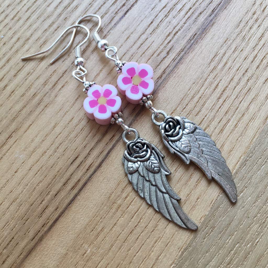 Wing and Rose Tibetan Silver Charm Earrings with Polymer Clay FIMO Flower Beads - Handmade Boho Jewelry for Women, Unique Birthday Gift for Daughter, Sister or Girlfriend | Perfect for Weddings, Parties & Boho Fashion