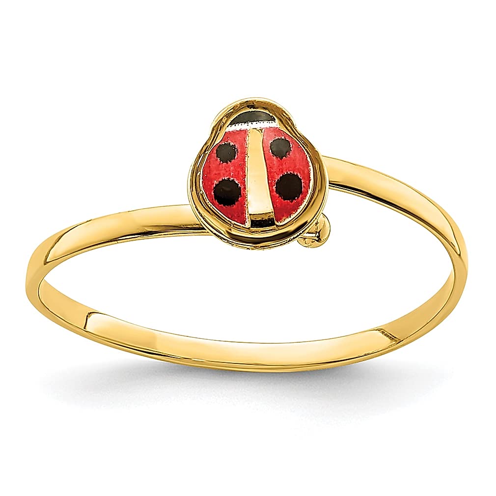14K Yellow Gold Enamel Ladybug Ring for Kids - Size 4.00 - Cute Flower Garden Animal Jewelry - Perfect Gift for Women & Girls - Ideal for Birthdays, Baby Showers and Gardening Enthusiasts