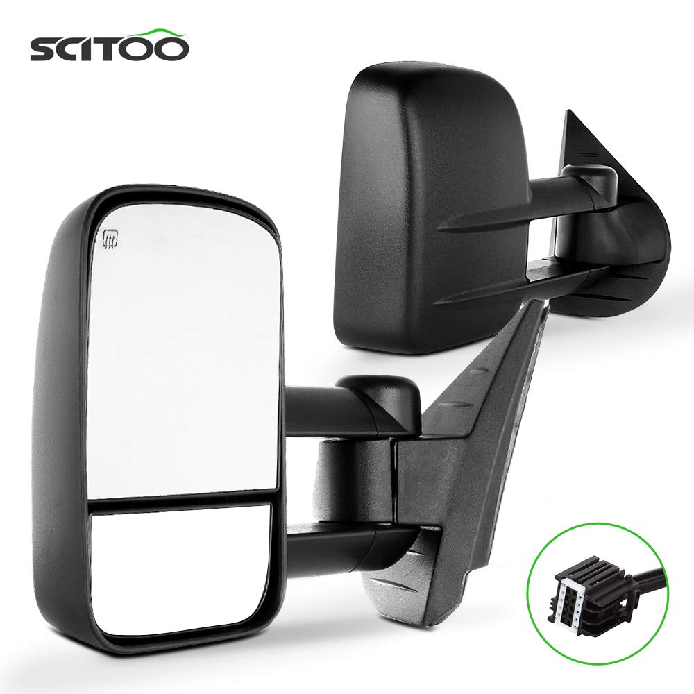 SCITOO Black Power Heated Towing Mirrors for 2008-2013 Chevy Silverado/Sierra 1500 - Manual Telescoping & Folding Truck Mirrors (Pair LH RH) - Perfect for Towing Trailers, Campers & Heavy Loads