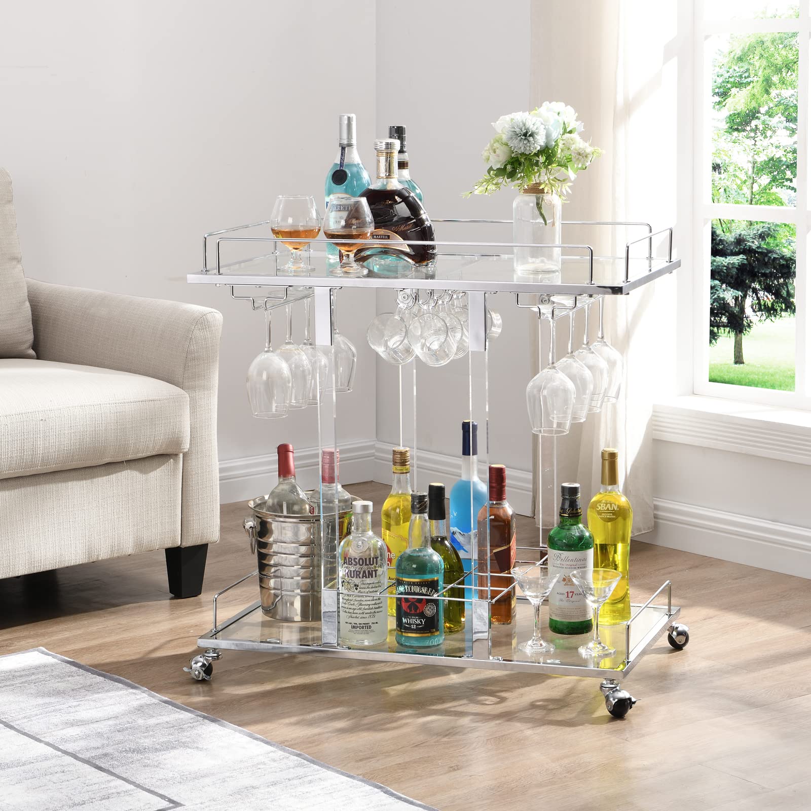 Silver 2-Tier Rolling Bar Cart with Wine Rack & Wheels - Acrylic Serving Cart for Home Bar, Kitchen, or Living Room | Perfect for Cocktail Parties, Wine Storage & Dessert Display