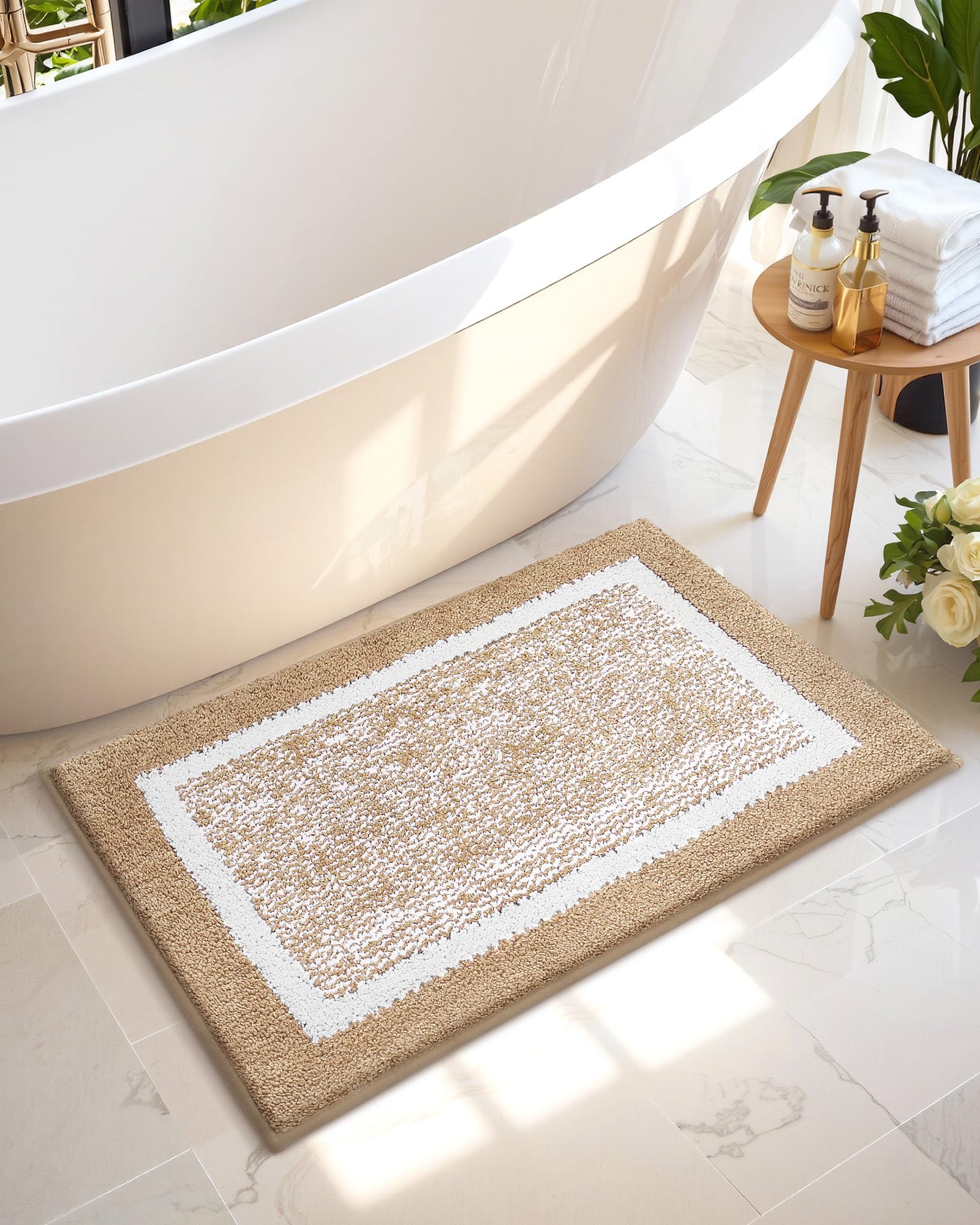 Non-Slip Beige & White Geometric Bath Mat 24