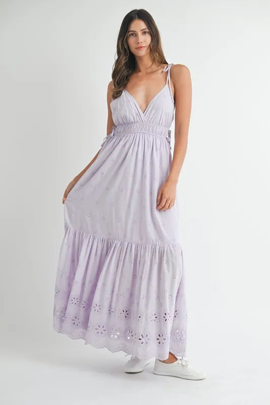 Elegant Eyelet Lace Maxi Dress with Adjustable Side Straps - Perfect for Summer Weddings, Beach Vacations & Boho Fashion