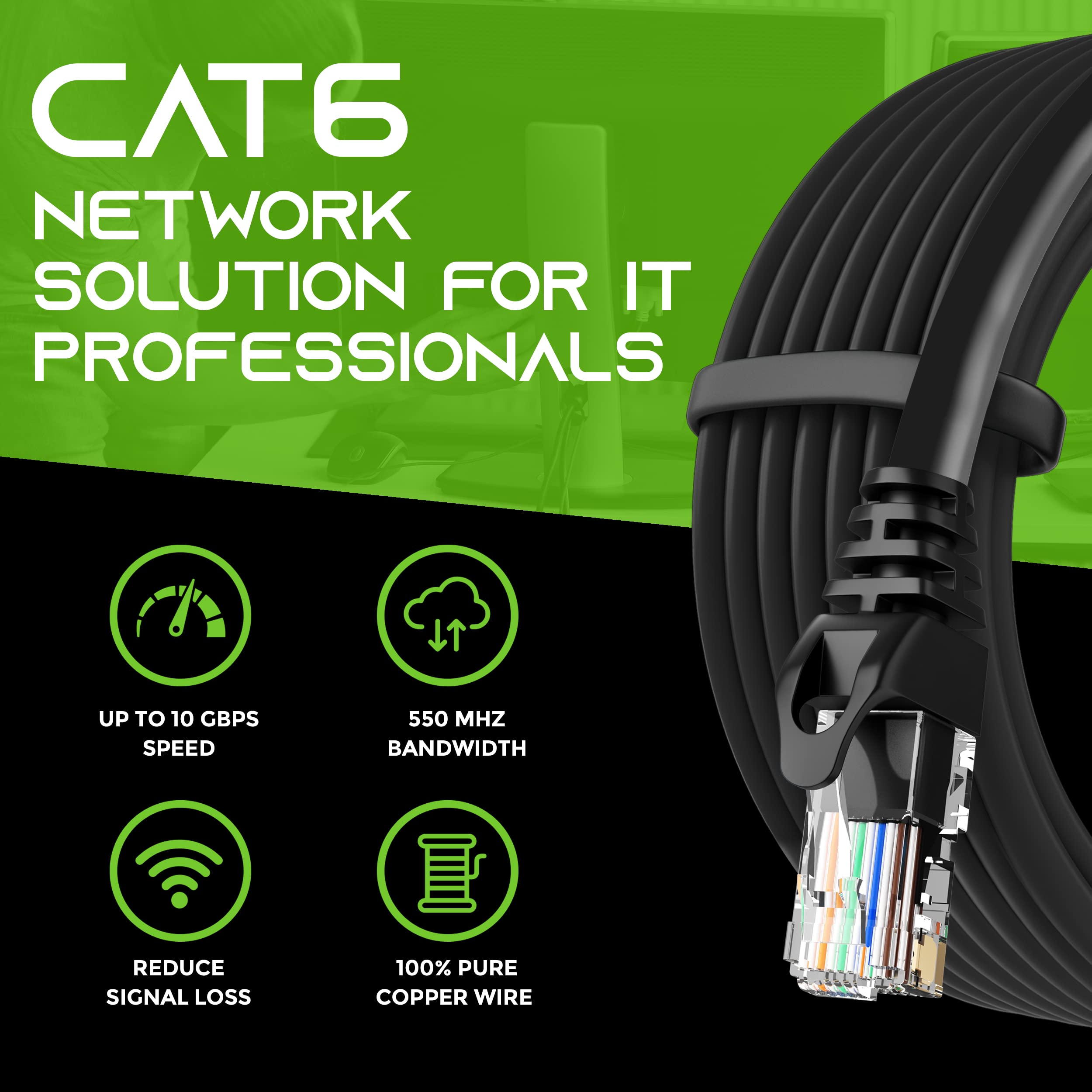 GearIT Cat6 Ethernet Cable 5 ft - High Speed Network Cable, 550MHz, 10Gbps, RJ45 Connector, UTP Patch Cord for Gaming, Streaming & Home Office - Black (5 Feet)
