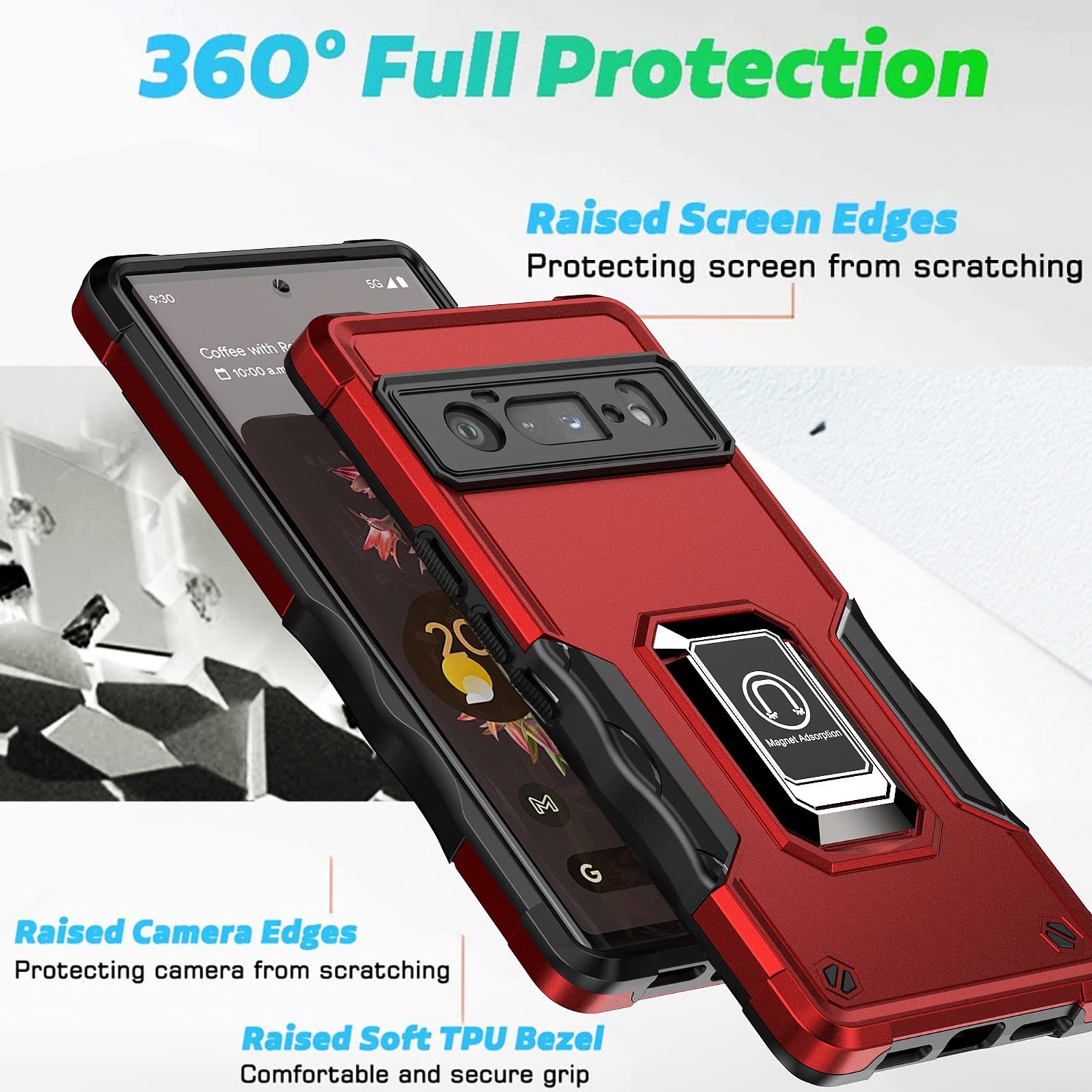 Military Grade Shockproof Case for Google Pixel 6/6 Pro - Magnetic Car Mount & 180° Rotating Metal Ring Holder | 6.7