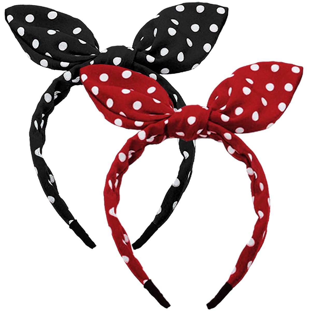 TOBATOBA Women's Polka Dot Headbands 2 Pack - Black Bunny Ears Headband for Women & Girls, Vintage Style Hair Accessories | Perfect for Parties, Cosplay, and Everyday Fashion