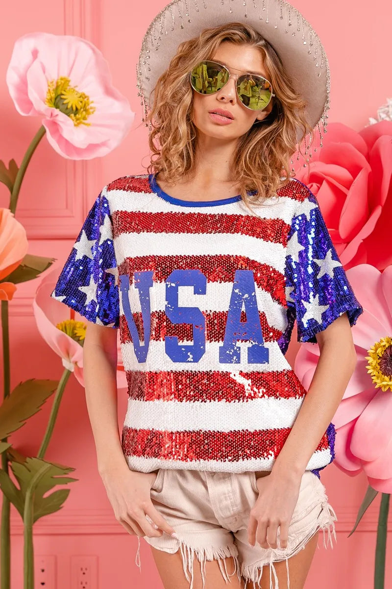 BiBi American Flag Sequin Top with USA Lettering - Patriotic Party Outfit for 4th of July, Independence Day & National Celebrations