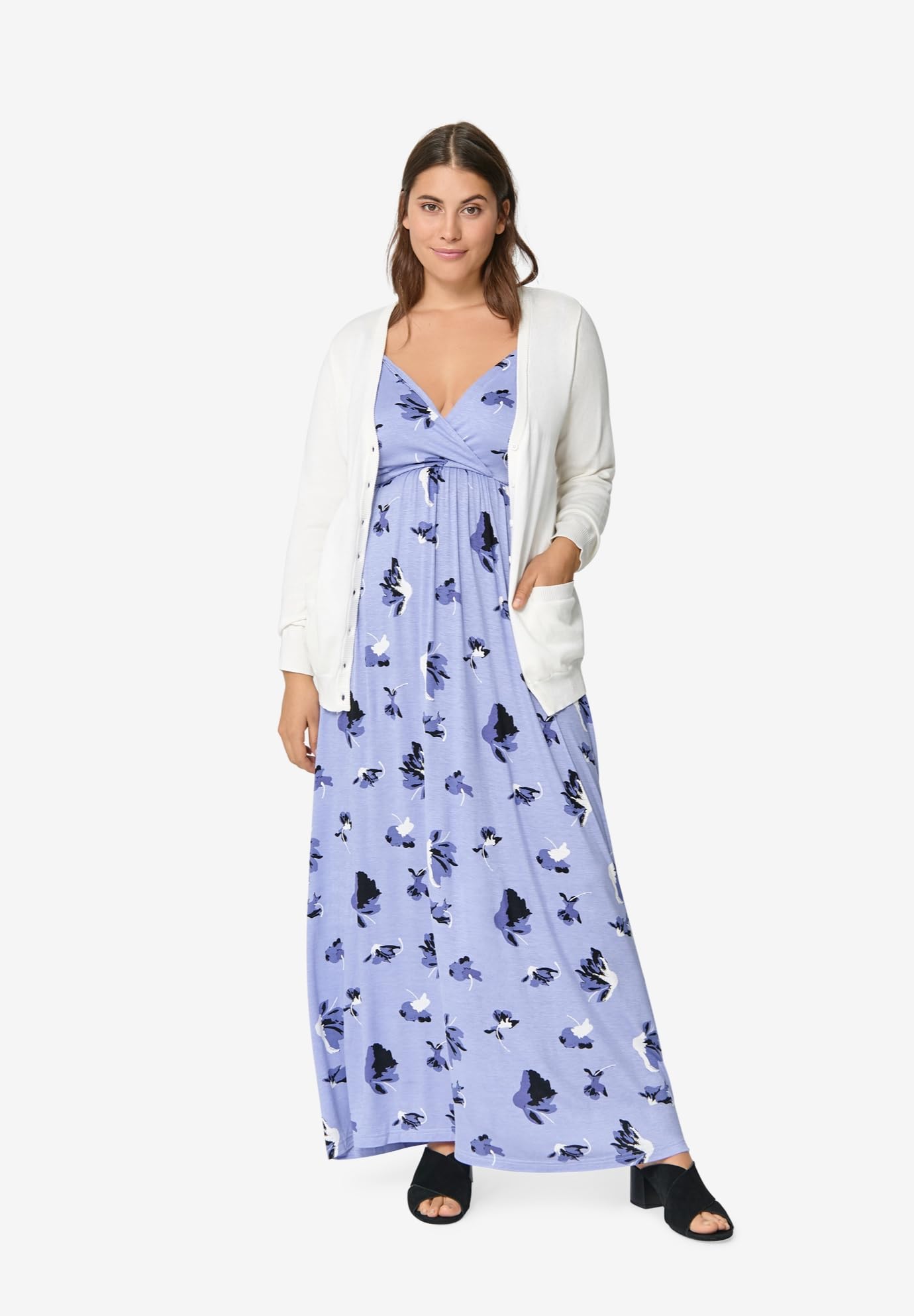 Ellos Women's Plus Size Knit Surplice Maxi Dress - Flattering Long Sleeve Flowy Dress for Casual Wear, Date Night & Special Occasions