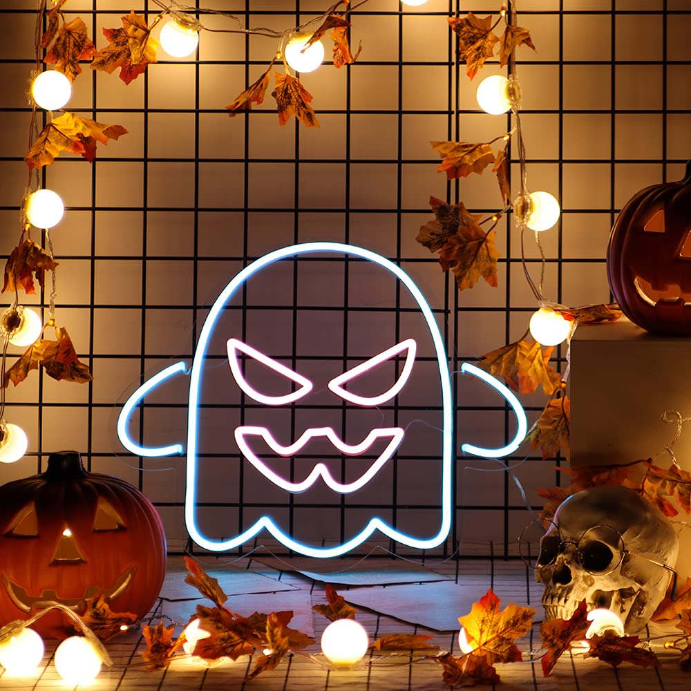 FIREOCITY Ghost Neon Sign - 16×20 Inch Halloween LED Neon Light with Remote Control for Party Decor, Room Wall Art, Bar & Home Decor | Spooky Glow for Halloween Parties, Haunted Houses & Themed Events