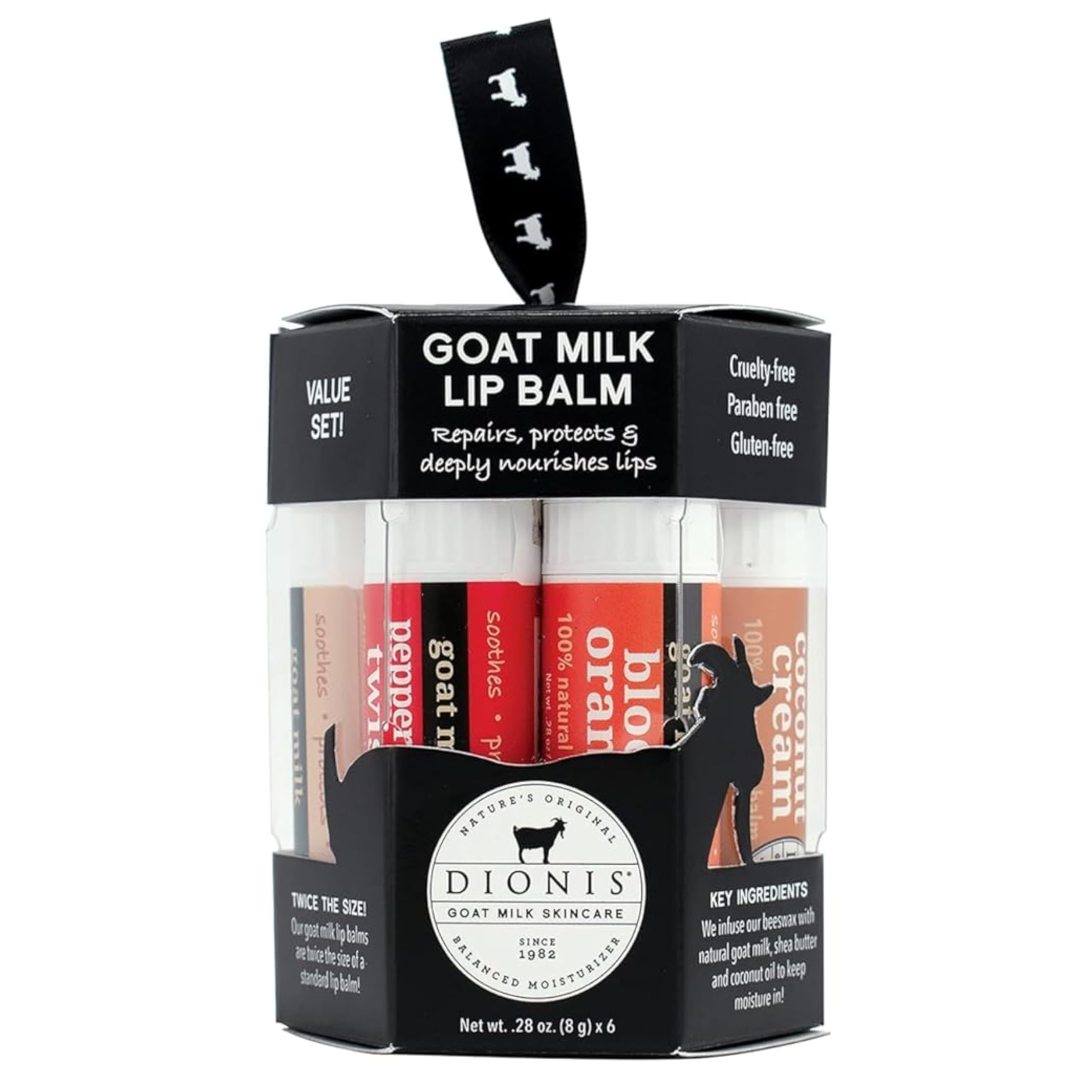 Dionis Goat Milk Skincare Core Collection Starter Set with 6-Piece Lip Balm Ornament 2024 | Natural Moisturizing Gift Set for Dry Skin Care & Holiday Gifting