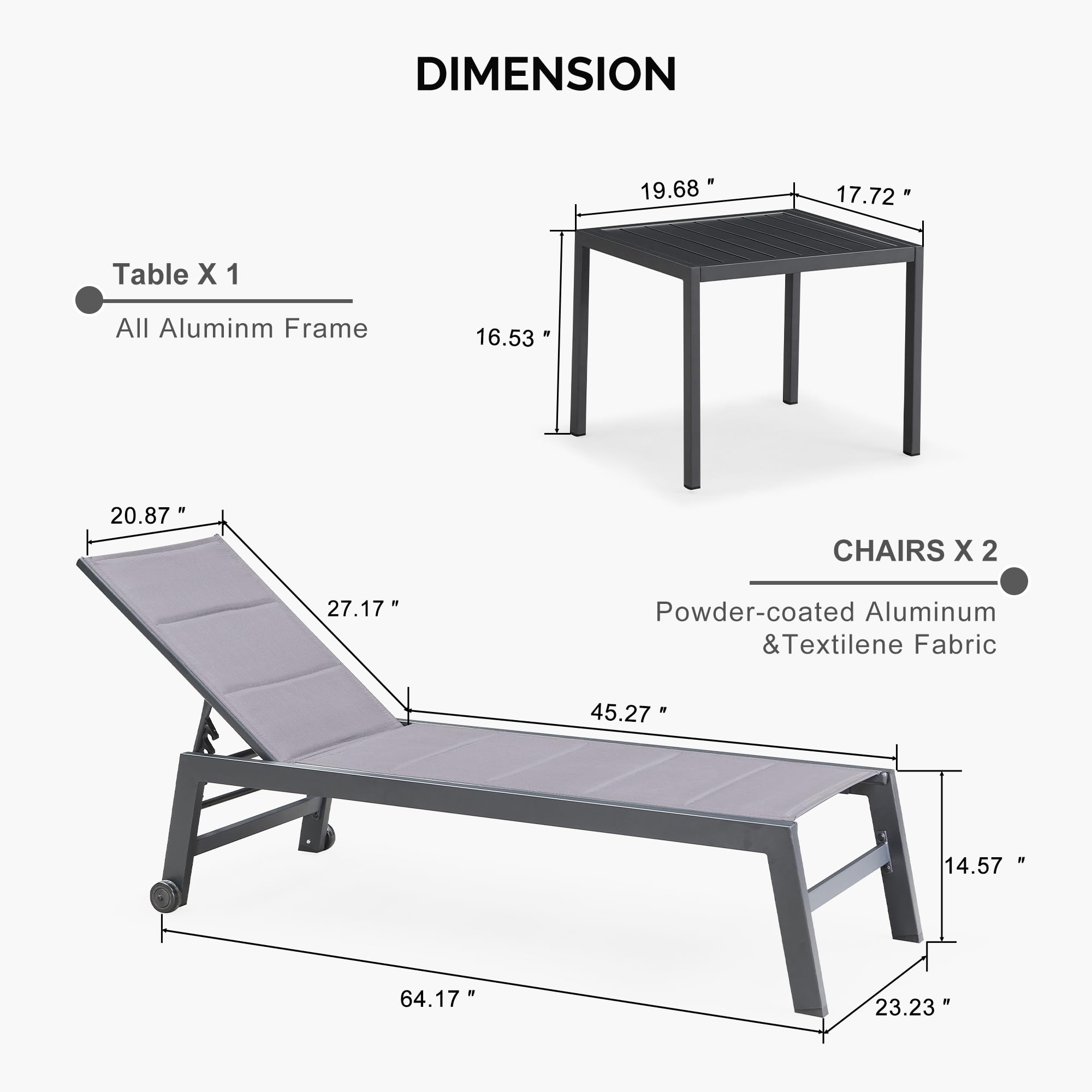 PURPLE LEAF Outdoor Chaise Lounge Set of 2 - Aluminum Patio Lounge Chairs with Wheels & Side Table - Light Grey Poolside Furniture for Backyard, Garden, and Outdoor Relaxation
