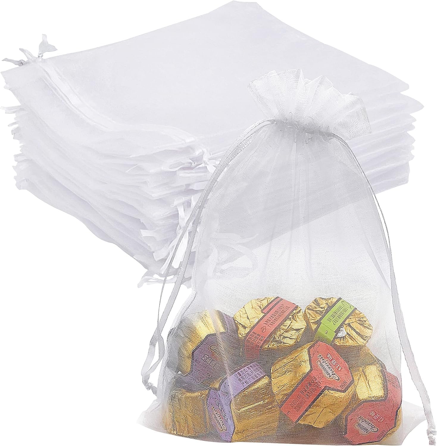 Premium White Organza Drawstring Gift Bags 8x10 cm (25-Pack) - Wedding Favor Pouches, Jewelry Gift Bags, Party Favors & Bridal Shower Return Gifts - Elegant Organza Potli Bags for Special Occasions