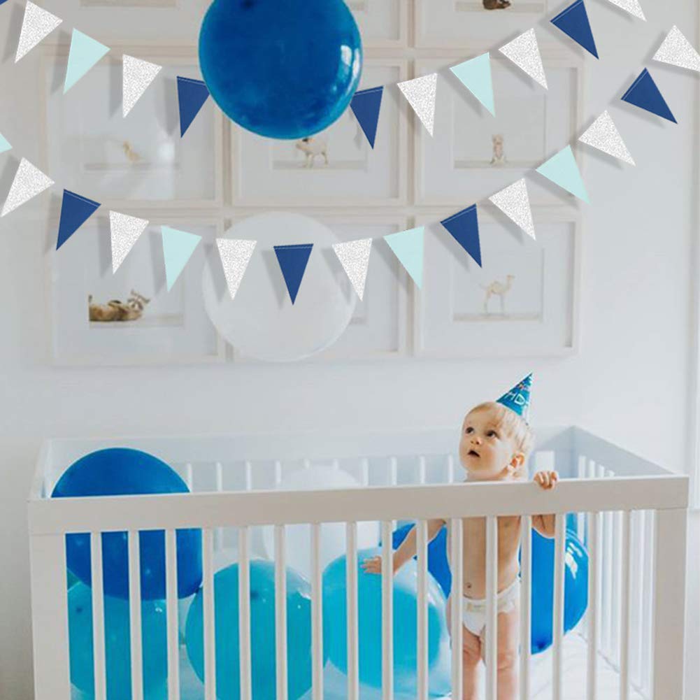 Blue Boys Baby Shower & Birthday Party Bunting Banner - Carnival Pennant Streamers, Flags & Decorations for Nursery, Birthday Celebrations & Outdoor Events