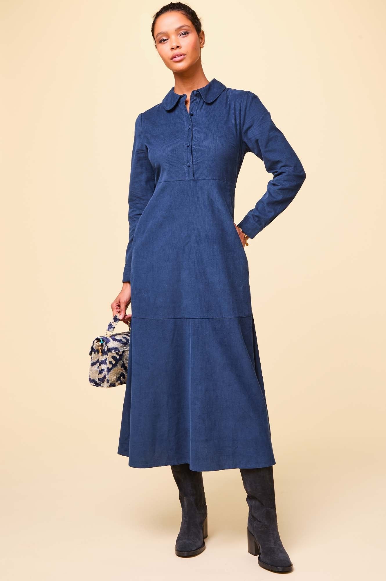 Marissa Corduroy Dress for Women - Soft Stretch Navy Blue Corduroy A-Line Dress with Pockets | Perfect for Fall Winter, Office Wear, Casual Outings and Date Nights