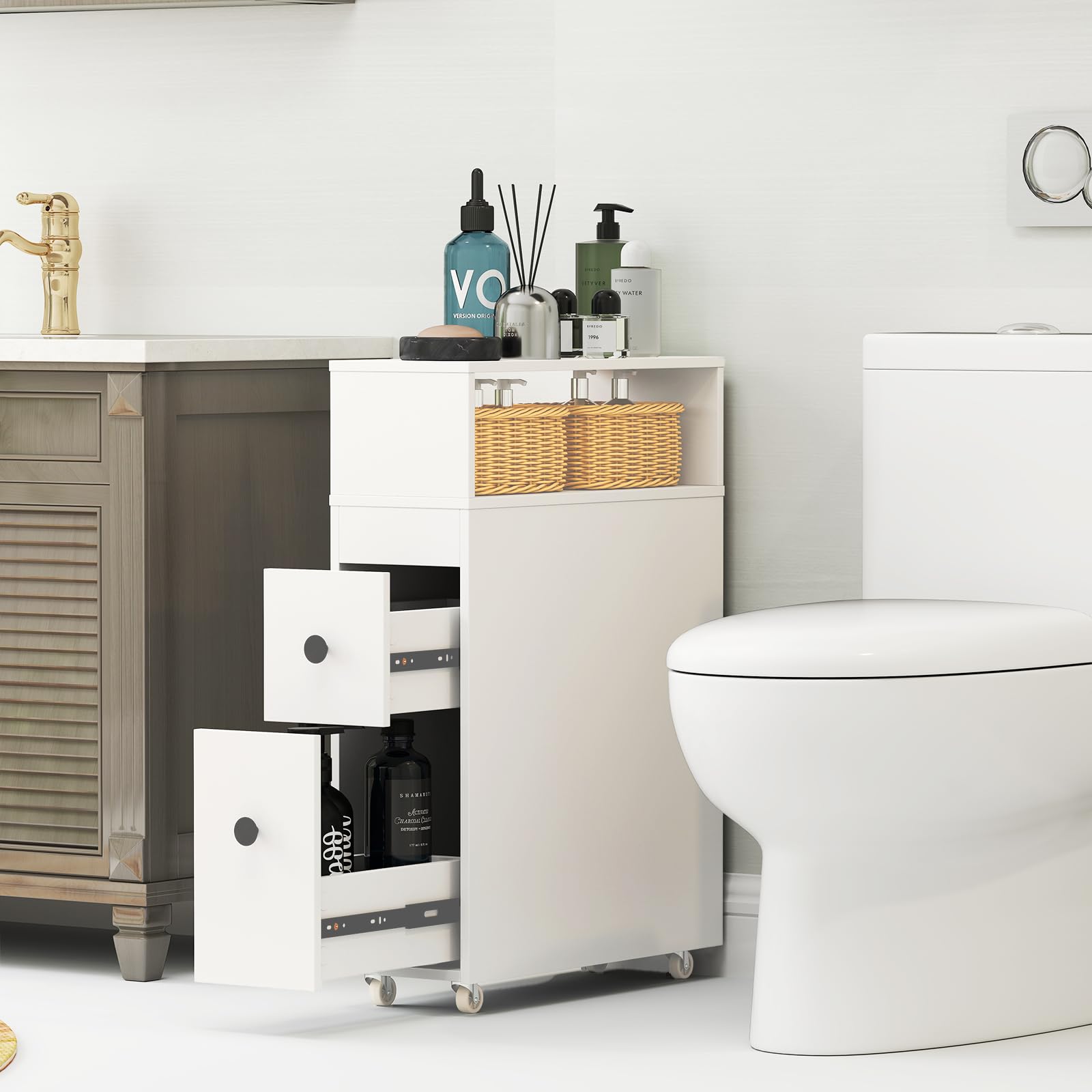 Tangkula Slim Bathroom Cabinet with Drawers & Wheels for Small Spaces - Perfect for Toilet Storage
