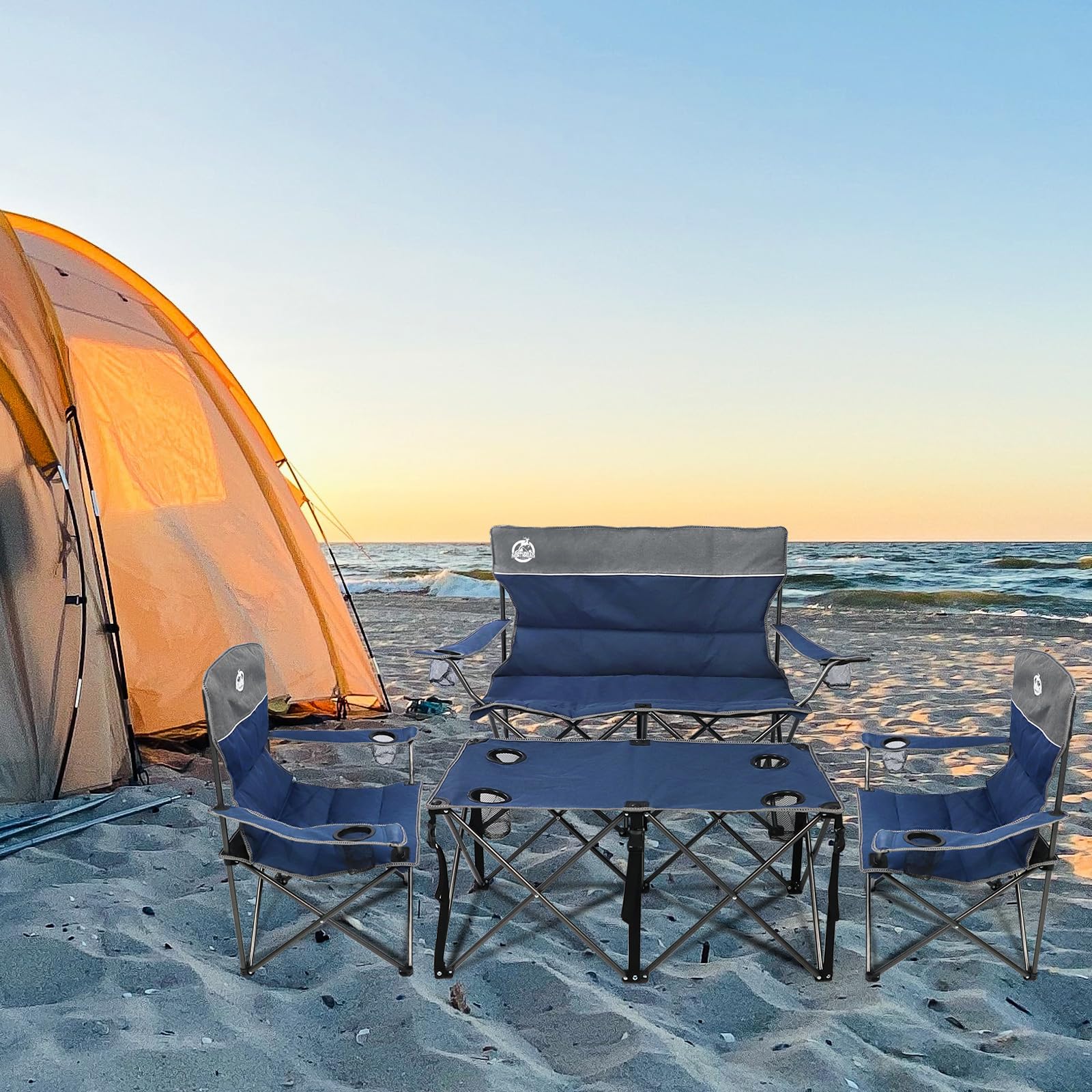 4-Piece Folding Camping Chair Set - Portable Collapsible Outdoor Furniture with 1 Loveseat, 2 Single Chairs & Side Table - Perfect for Patio, Backyard, Beach, Picnics & Camping Trips (Blue)