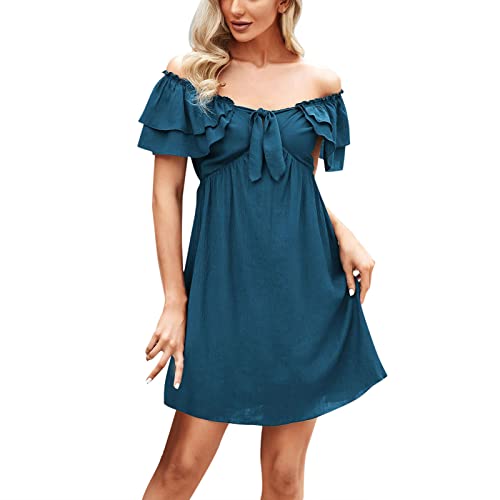 Women's Off Shoulder Ruffled Mini Dress - Summer Sleeveless A-Line Party Cocktail Dress in Solid Dark Blue (Size S) | Perfect for Beach Vacations, Date Nights & Evening Events