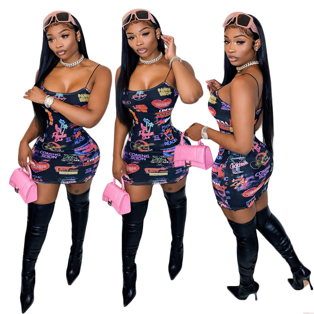 Sexy Printed Sling Bodycon Mini Dress for Women - Y2K Club Outfits, Summer Lounge Wear & Fashionable Party Dresses | Perfect for Nightclubs, Dates and Casual Outings