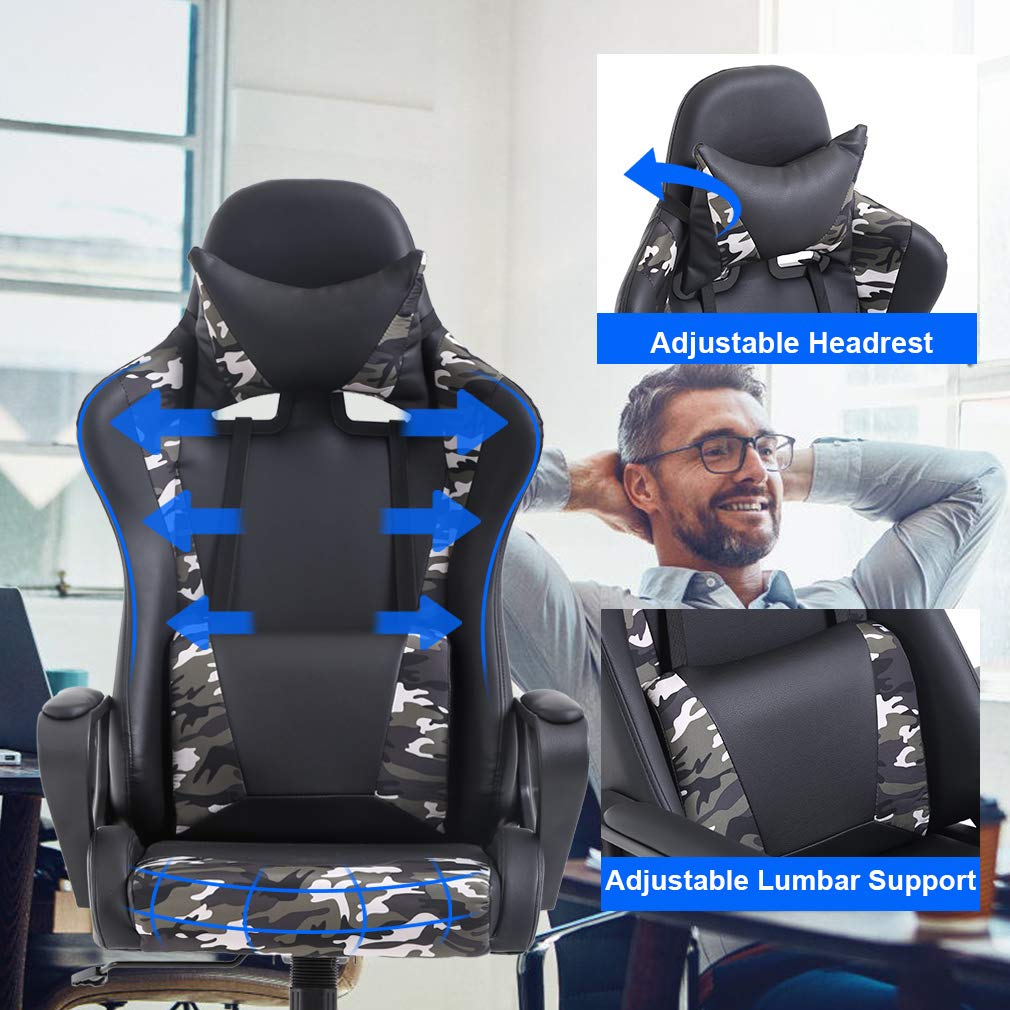 Ergonomic Gaming Chair with Lumbar Support & Headrest - High Back PU Leather Racing Style Office Chair with Adjustable Arms & Swivel Base - Perfect for PC Gaming, Home Office & Workstation (Camo Design) - Ideal for Adults, Women & Teen Gamers